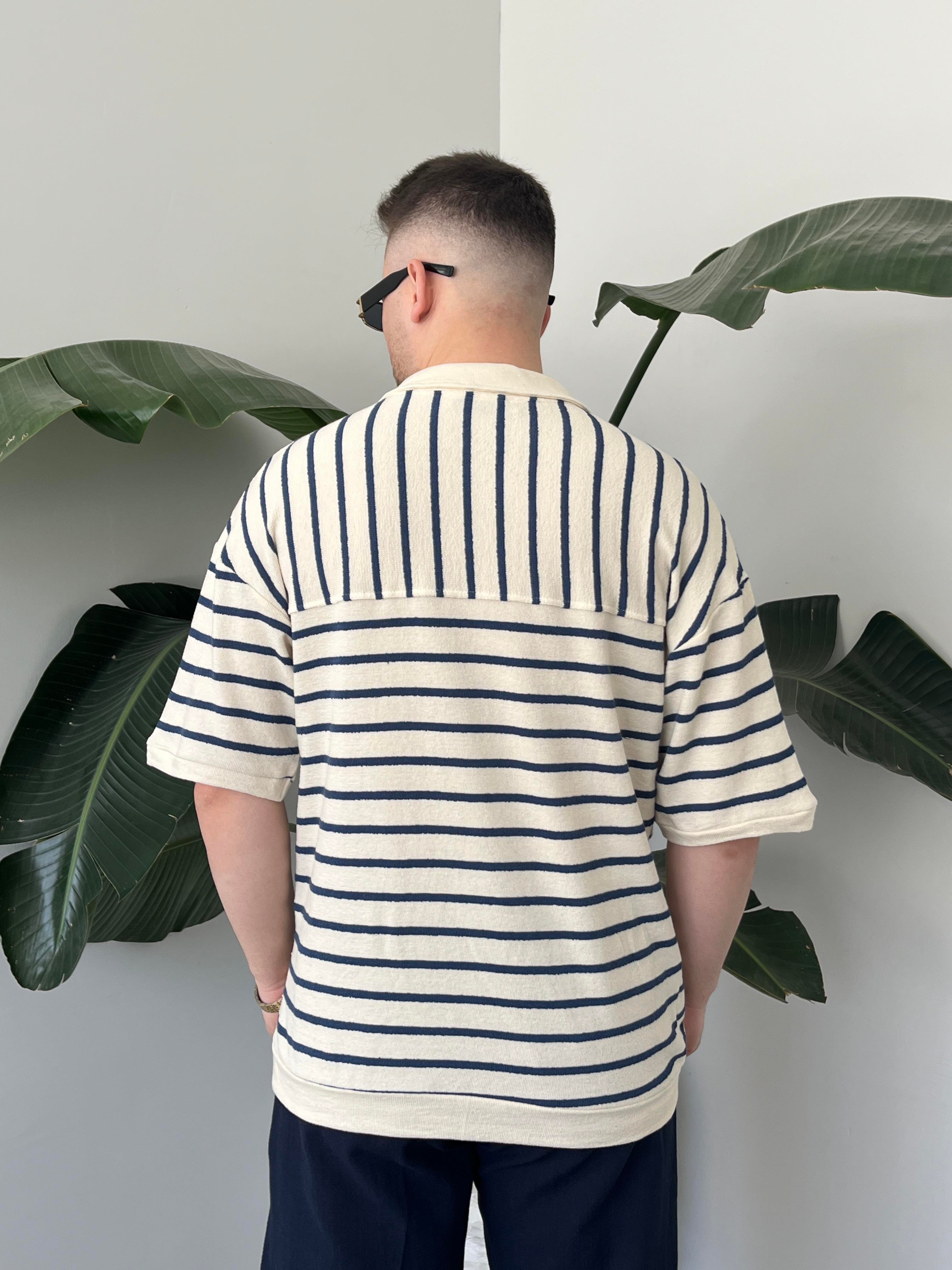 Oslo Lacivert Çizgili Polo Yaka Oversize T-shirt