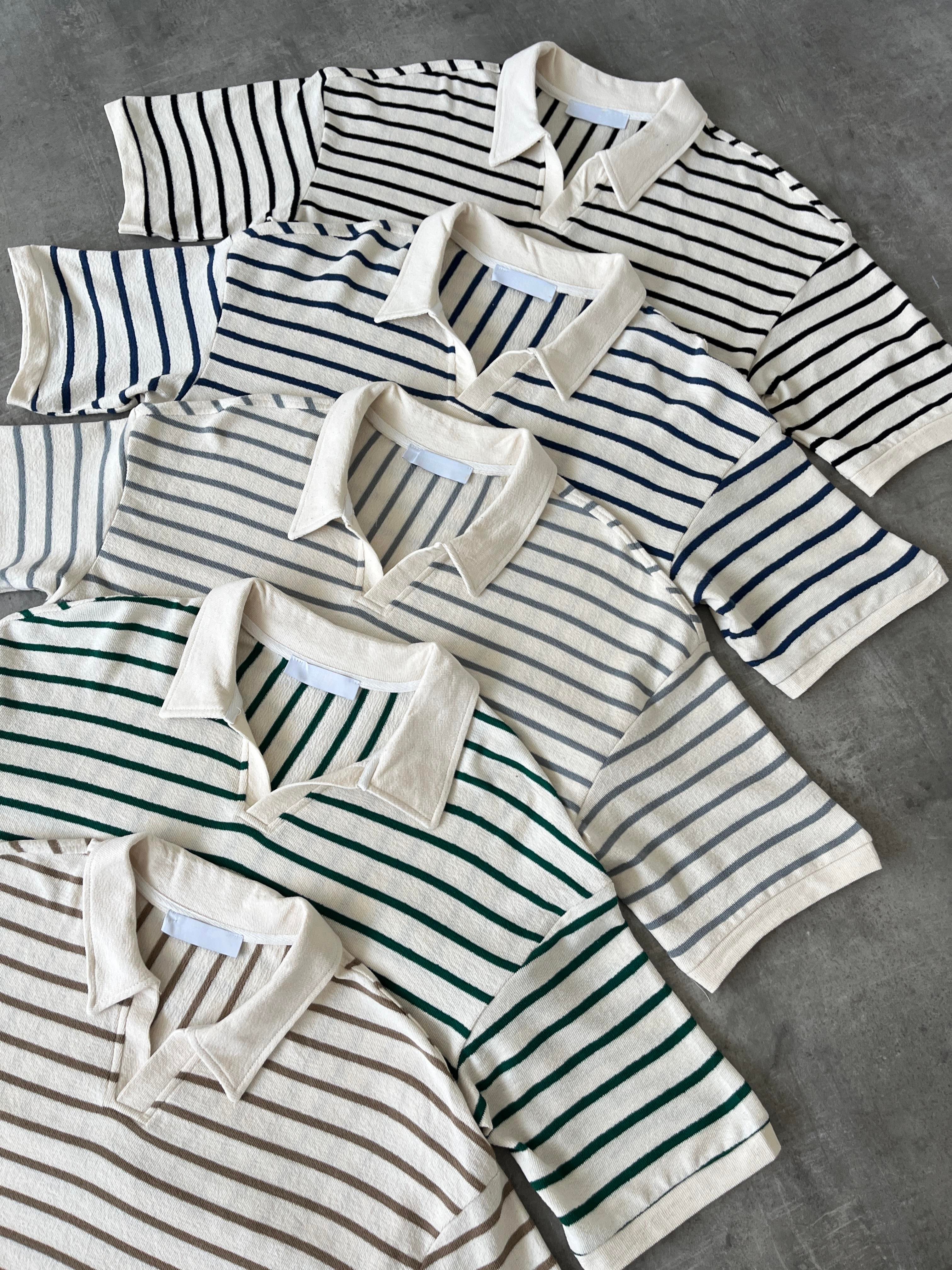 Oslo Siyah Çizgili Polo Yaka Oversize T-shirt