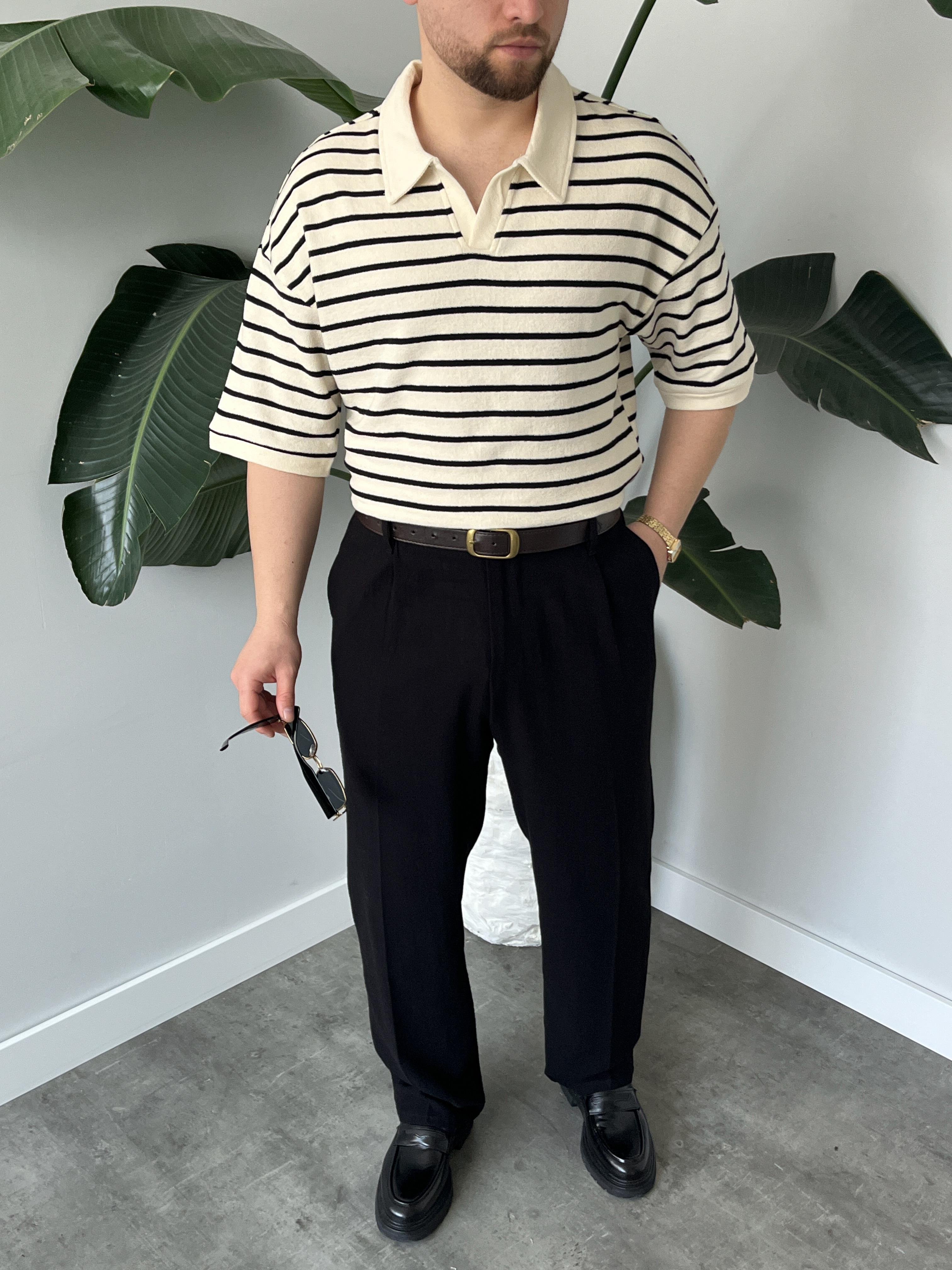 Oslo Siyah Çizgili Polo Yaka Oversize T-shirt
