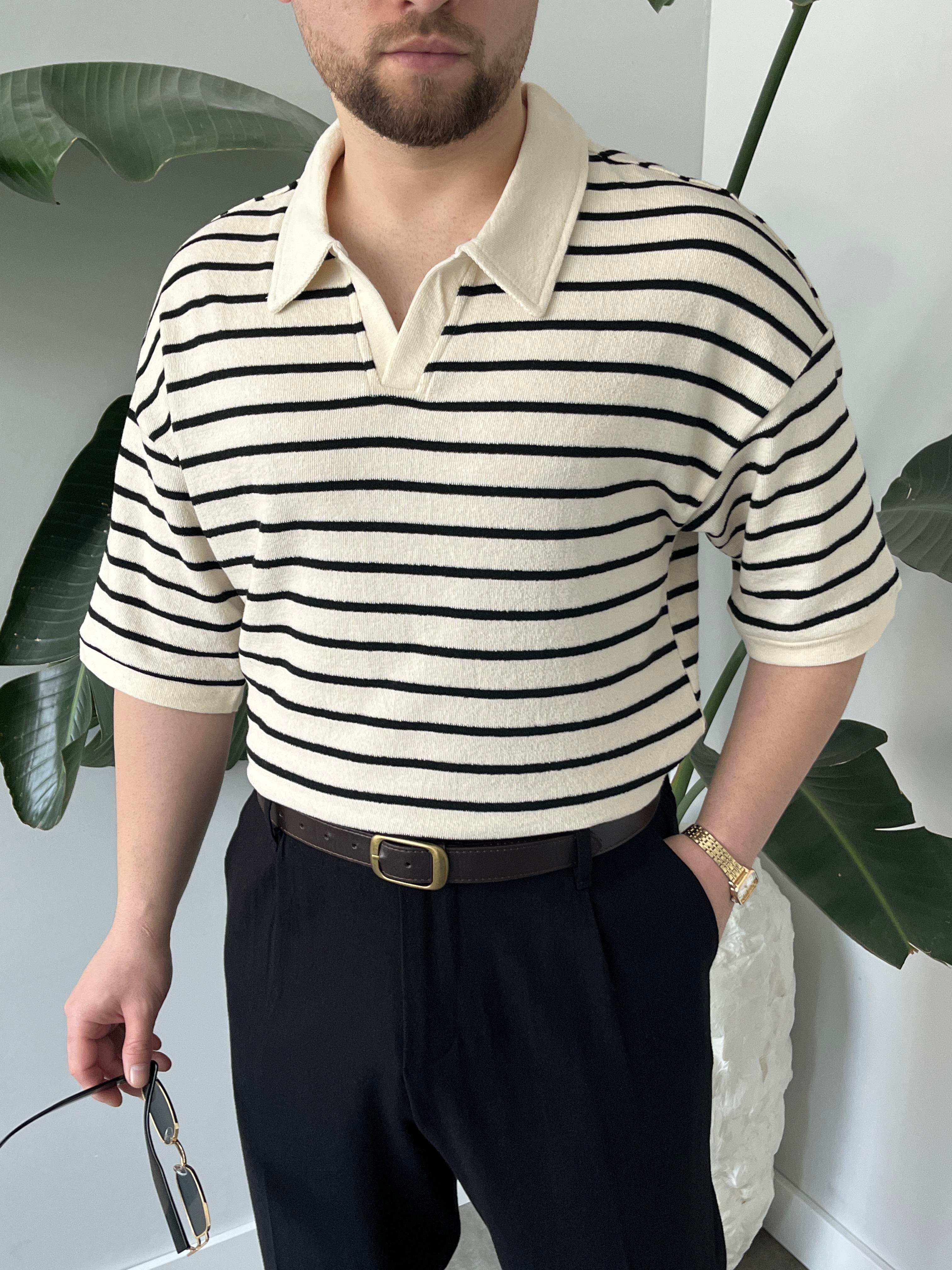 Oslo Siyah Çizgili Polo Yaka Oversize T-shirt