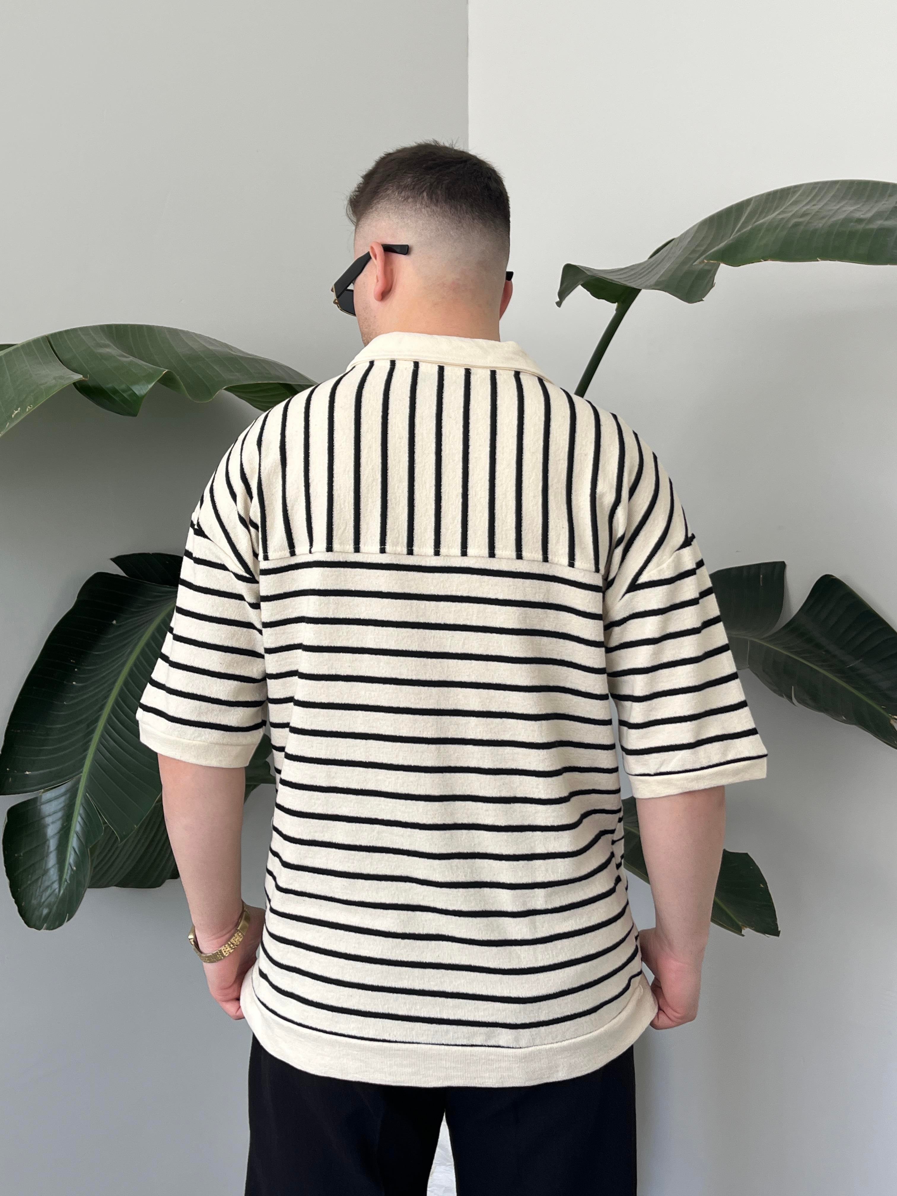 Oslo Siyah Çizgili Polo Yaka Oversize T-shirt