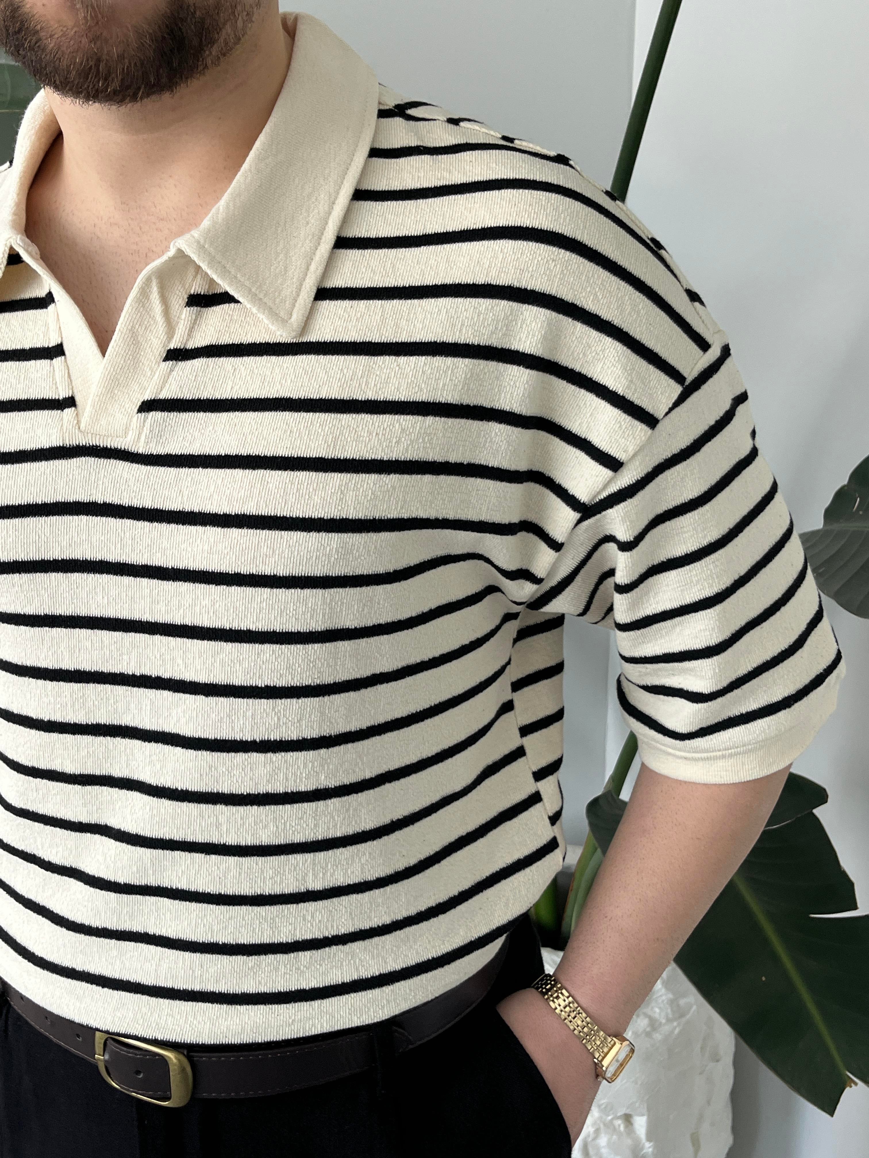 Oslo Siyah Çizgili Polo Yaka Oversize T-shirt