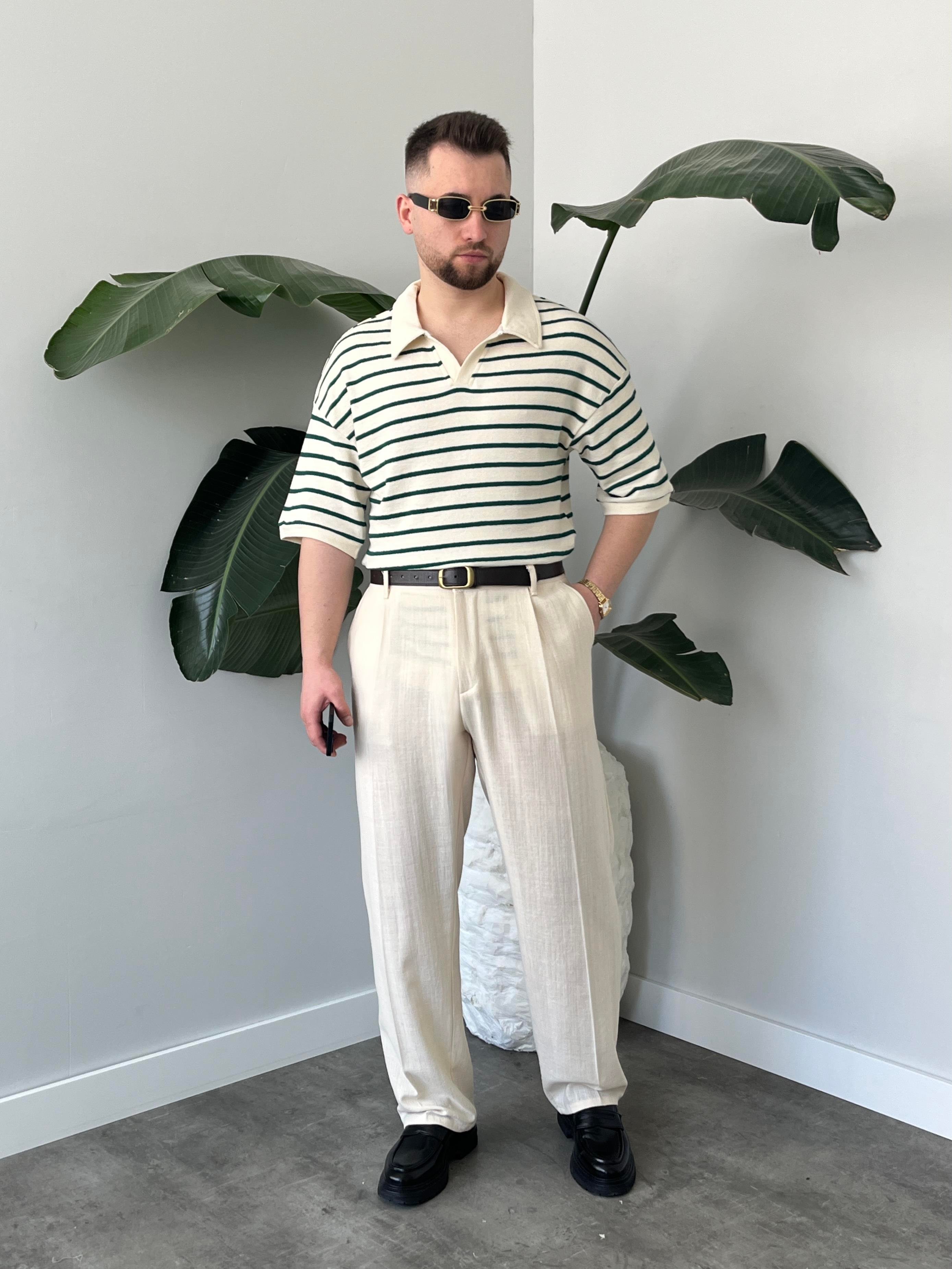 Oslo Zümrüt Çizgili Polo Yaka Oversize T-shirt