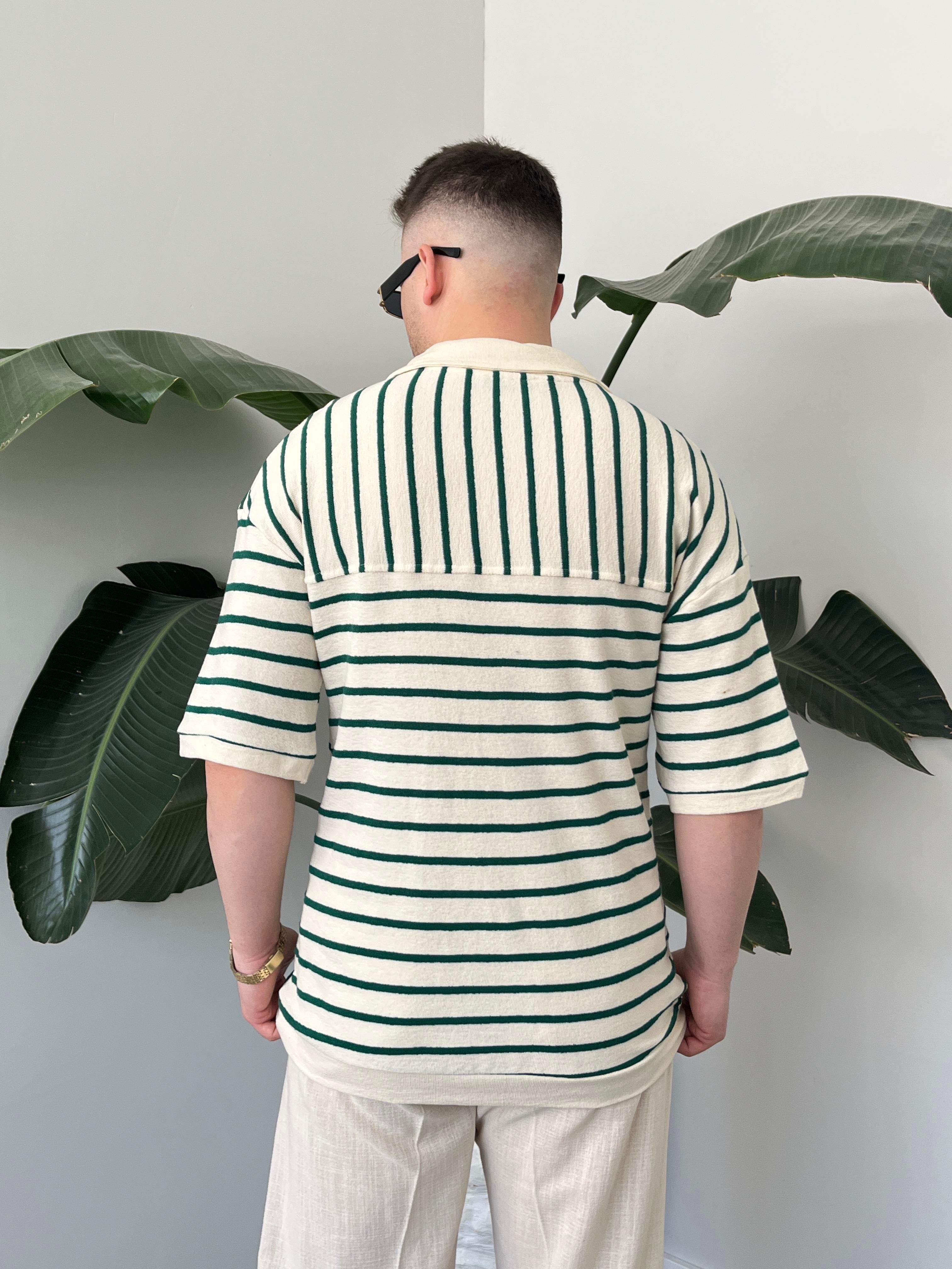 Oslo Zümrüt Çizgili Polo Yaka Oversize T-shirt
