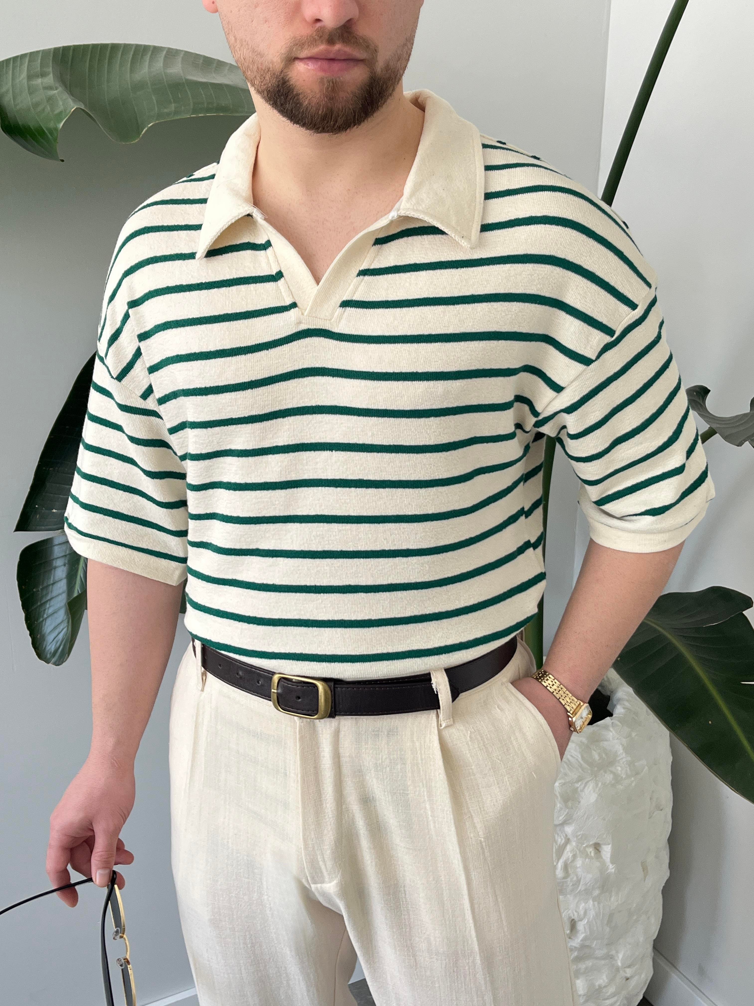 Oslo Zümrüt Çizgili Polo Yaka Oversize T-shirt