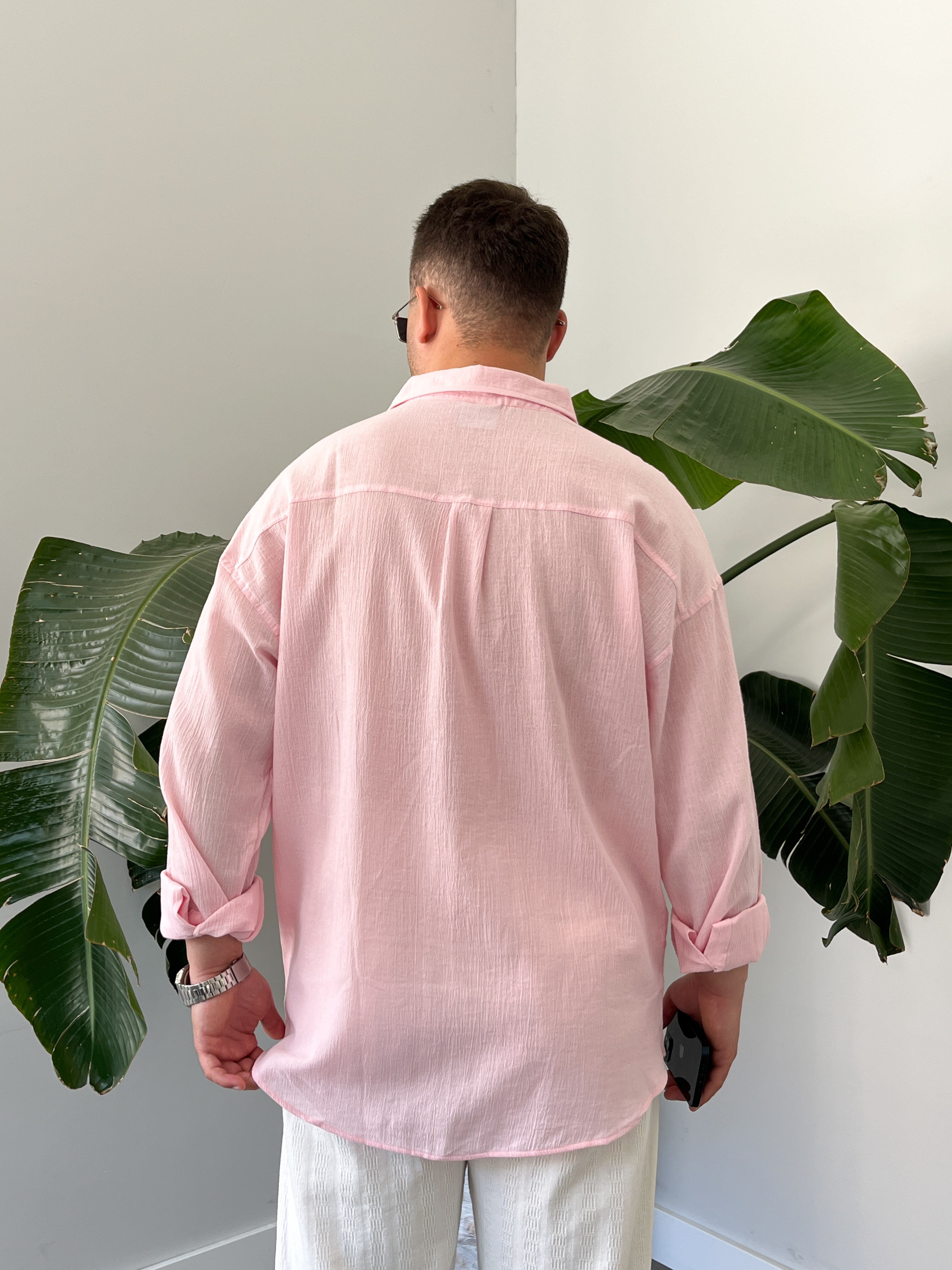 Pembe Krinkıl Oversize Gömlek