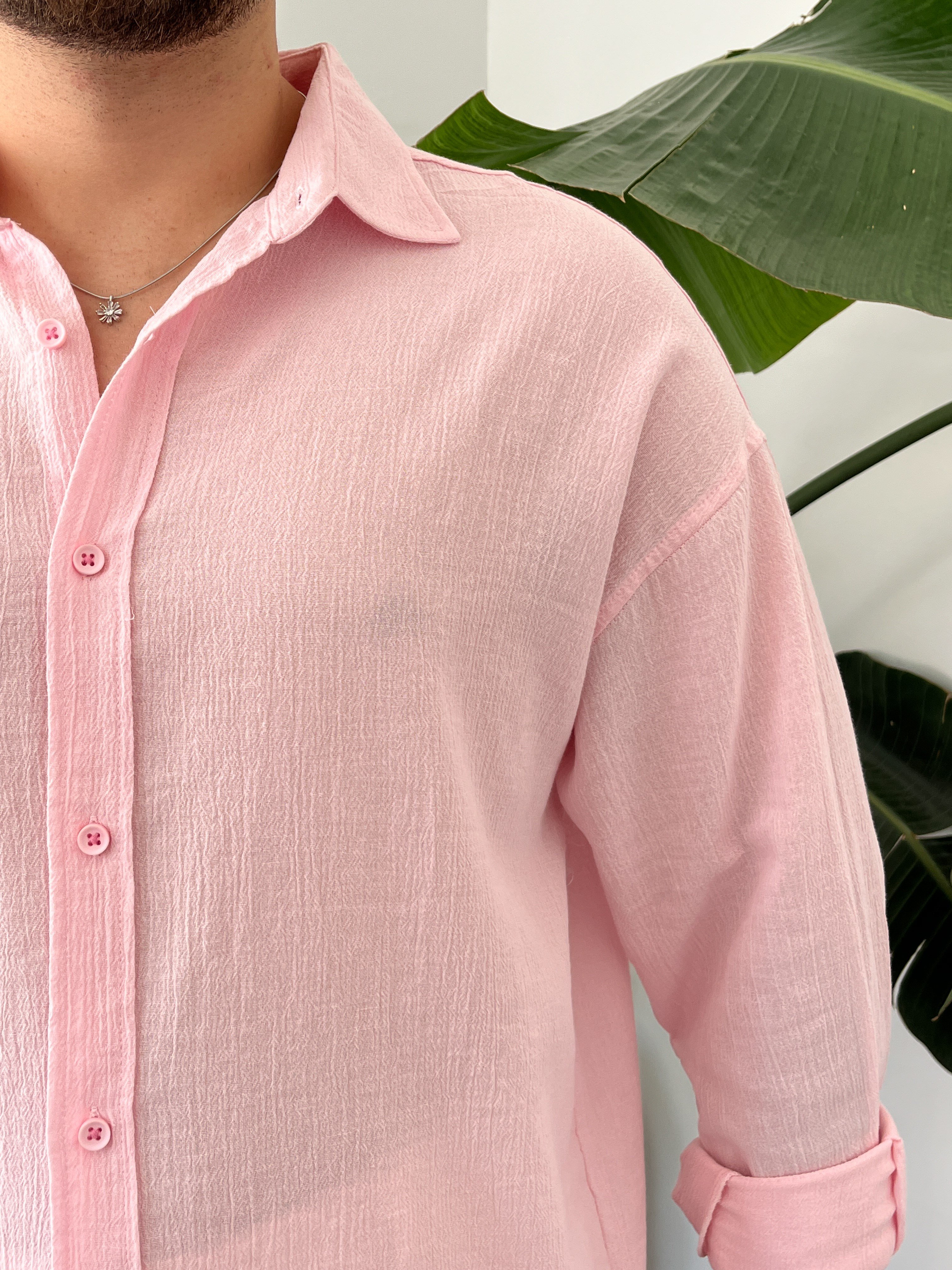 Pembe Krinkıl Oversize Gömlek