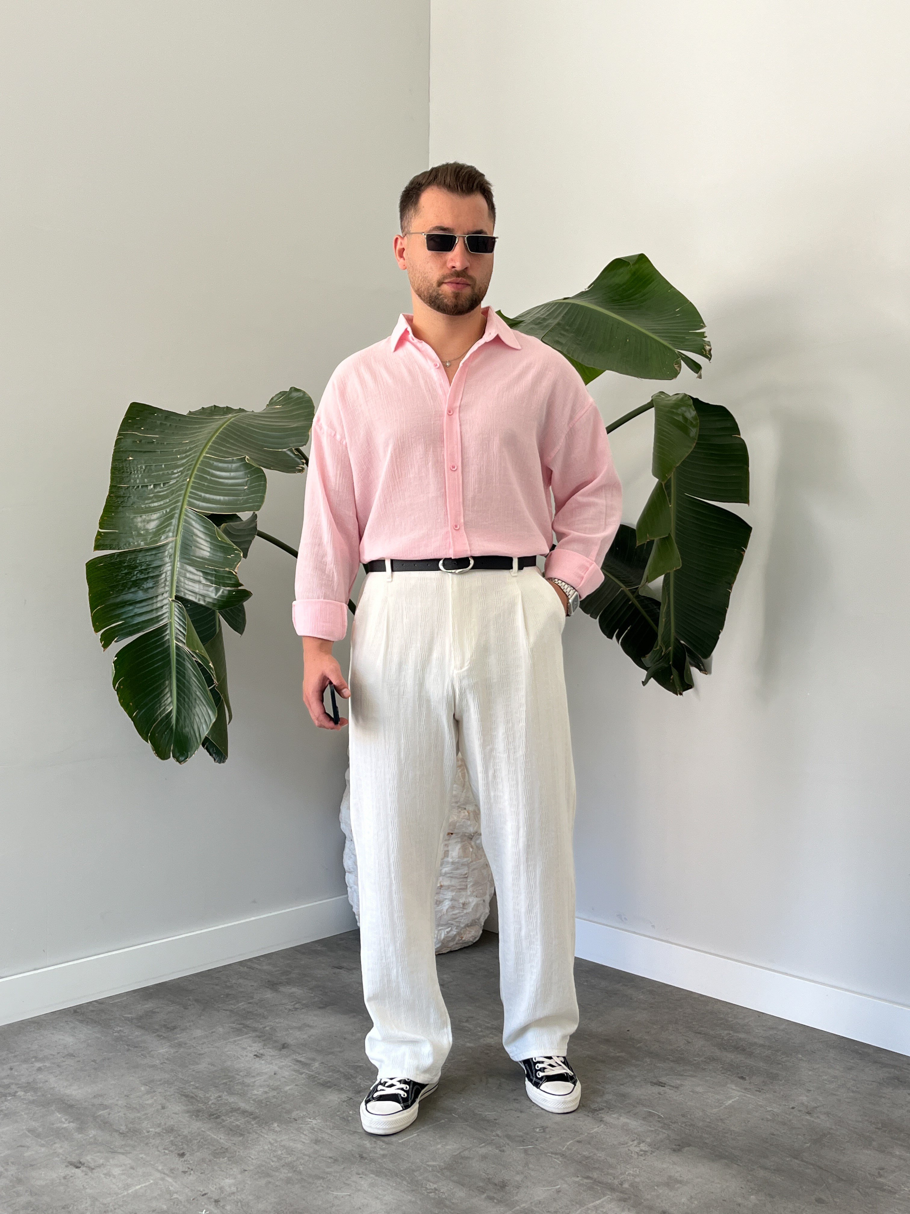 Pembe Krinkıl Oversize Gömlek