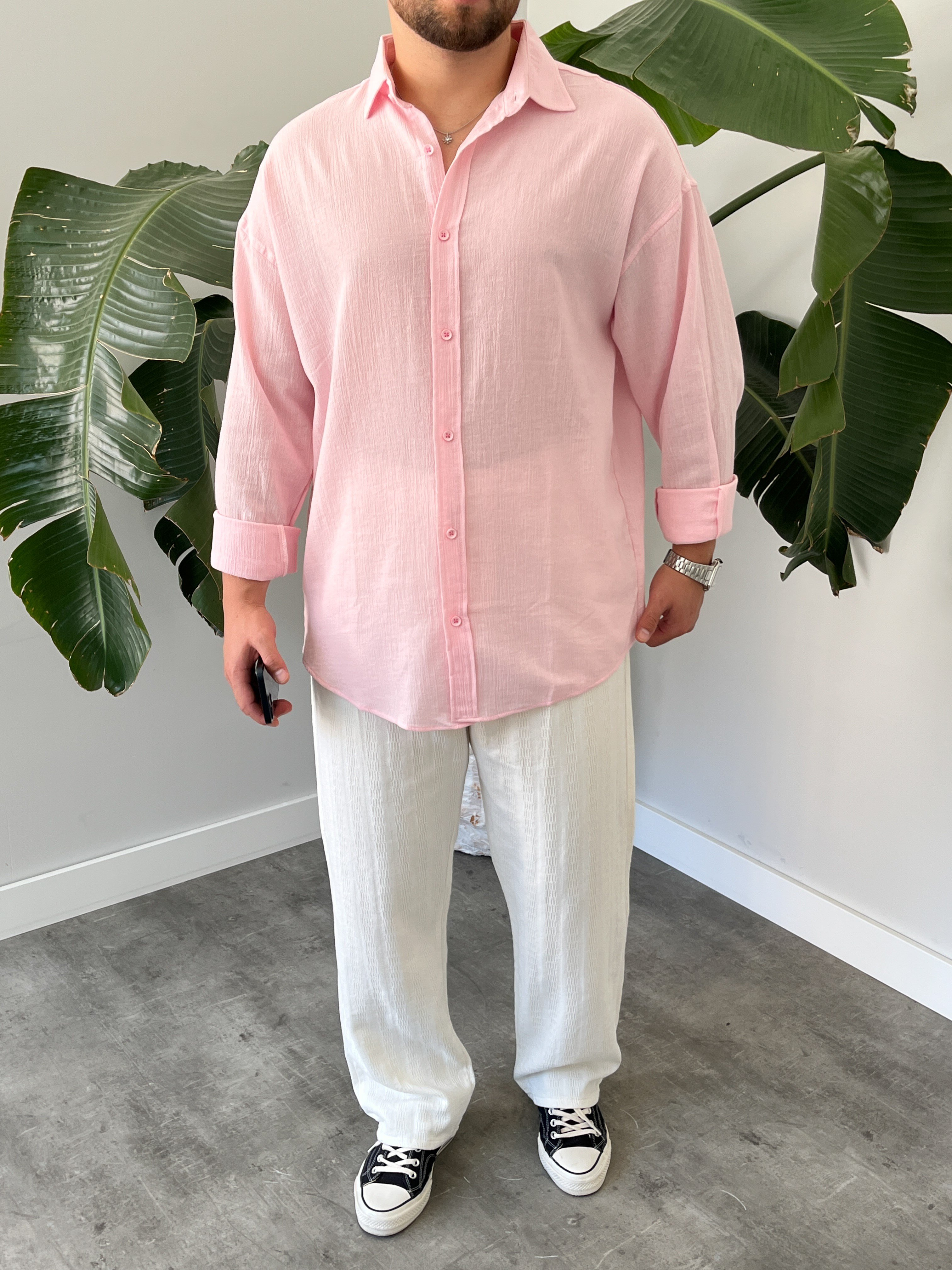 Pembe Krinkıl Oversize Gömlek