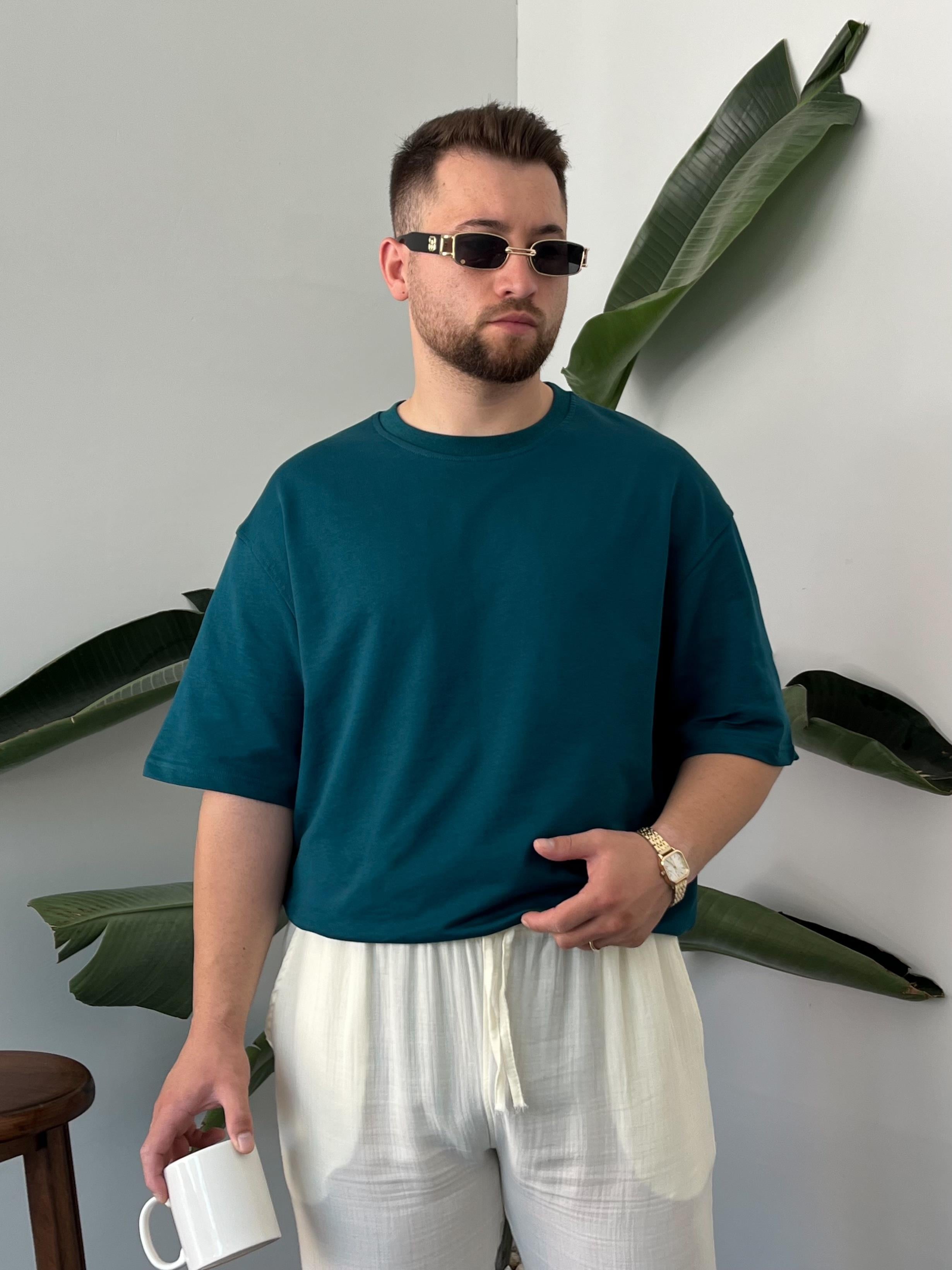 Petrol Cotton Basic Oversize T-shirt