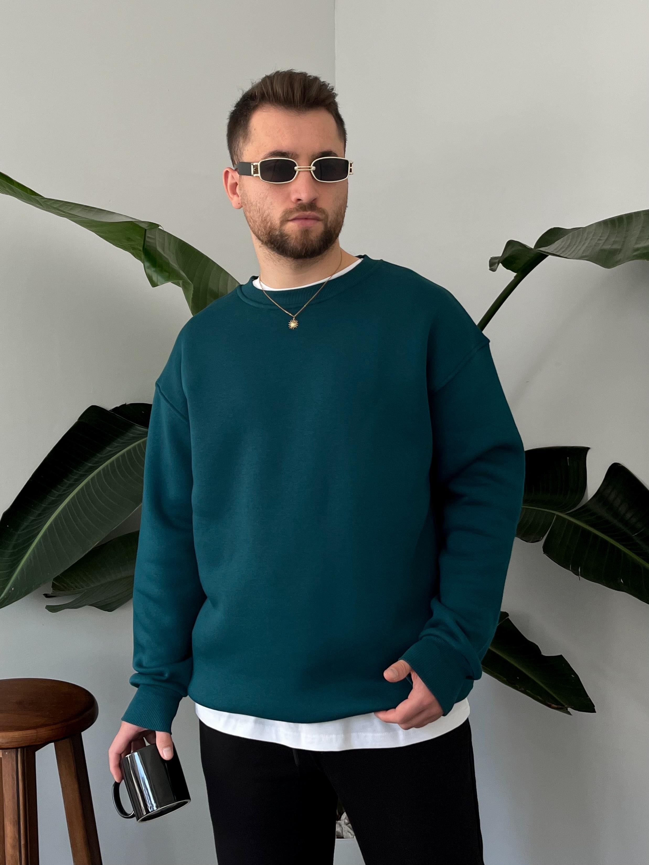 Petrol Üç İplik Şardonlu Basic Sweatshirt