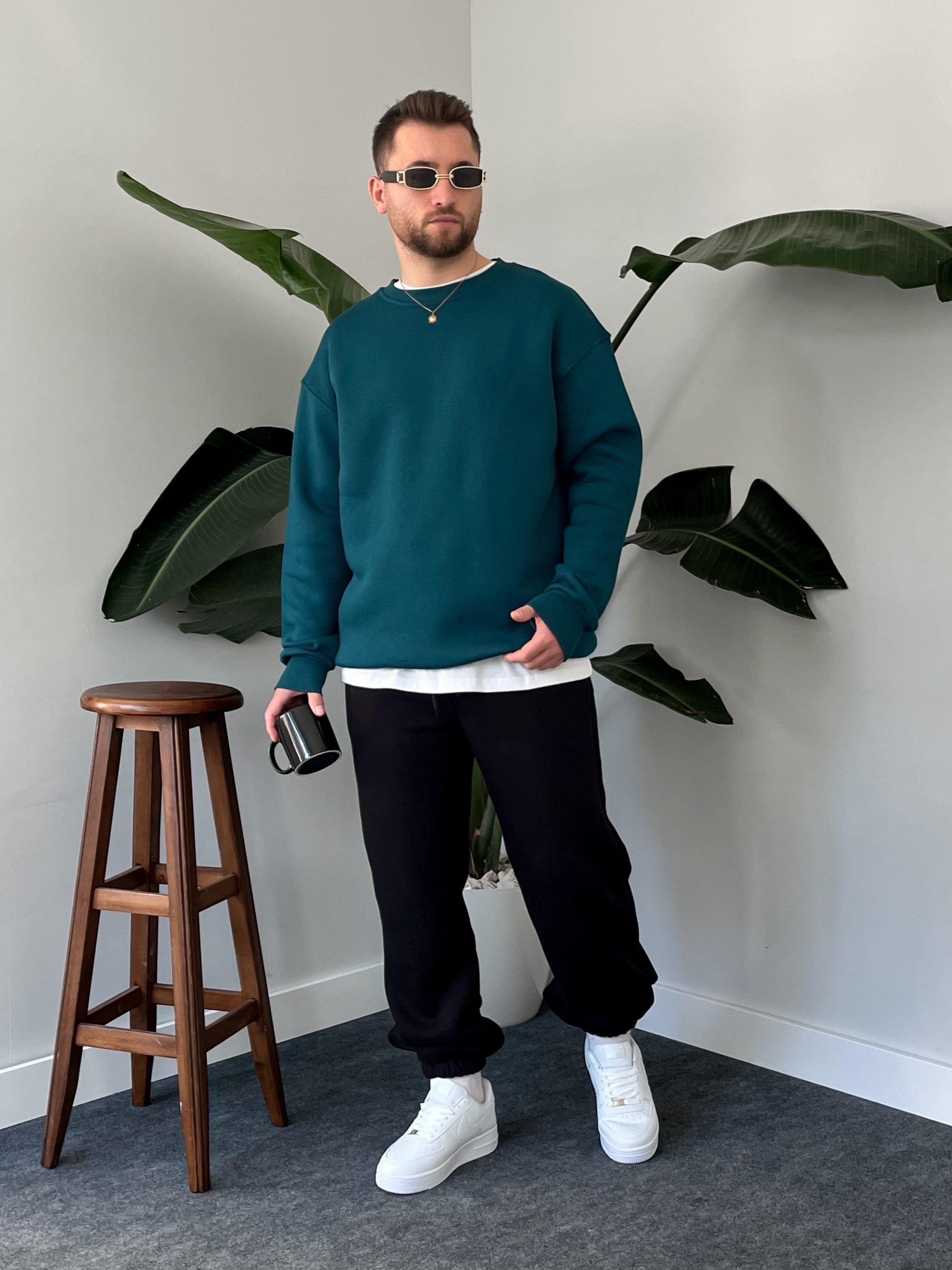 Petrol Üç İplik Şardonlu Basic Sweatshirt