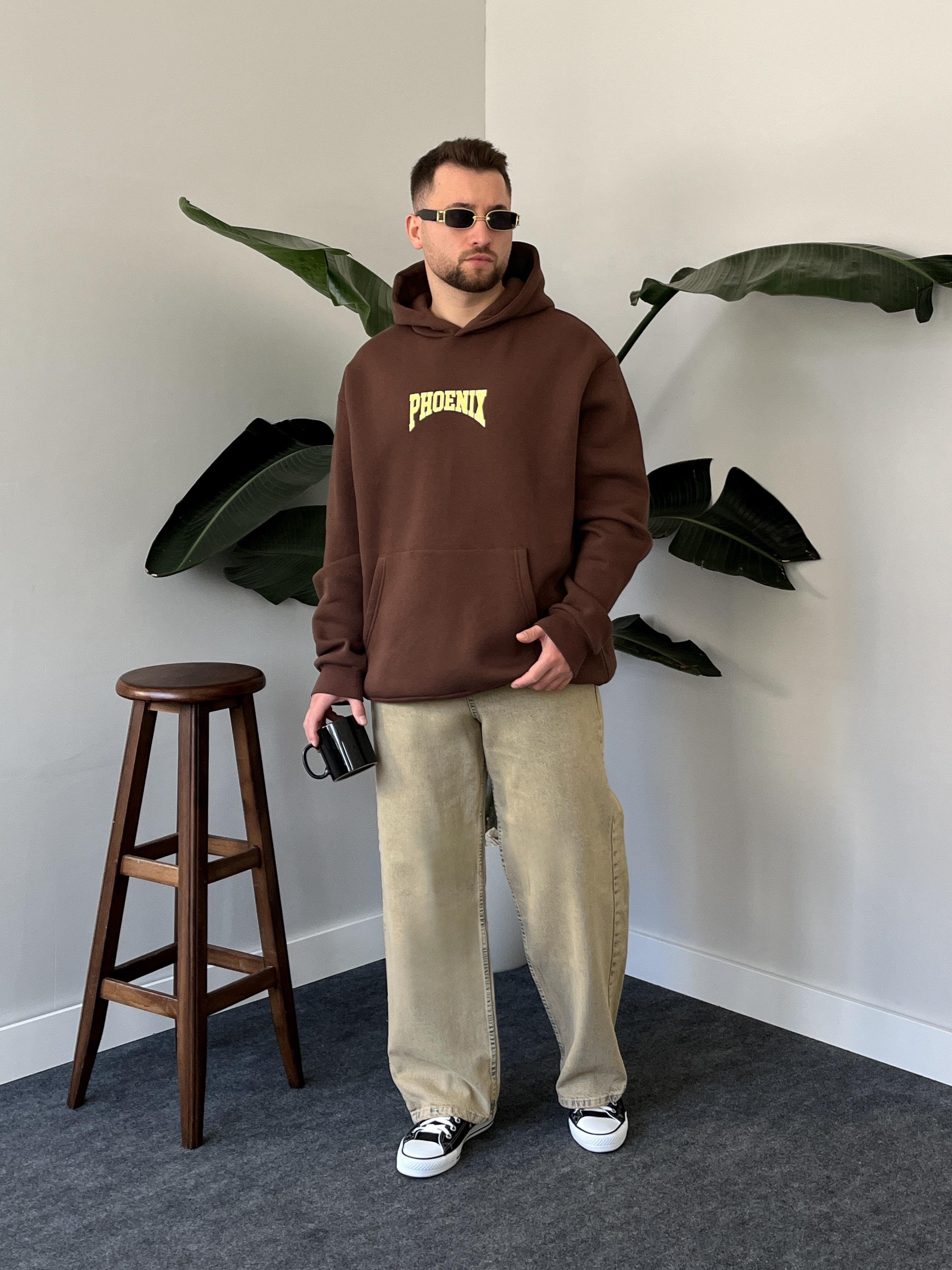 Phoenix Baskılı Üç İplik Şardonlu Oversize Hoodie