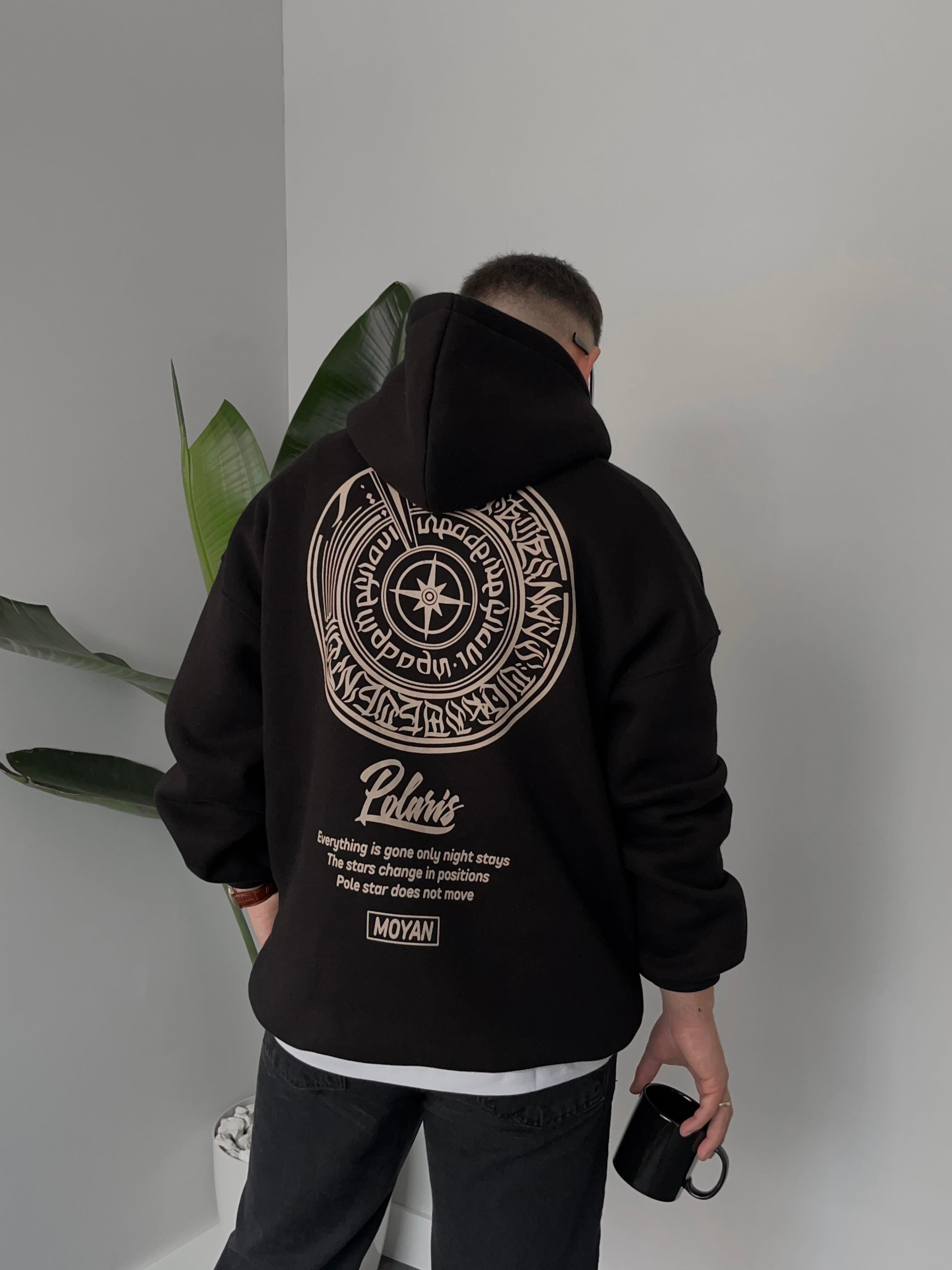 Polaris Baskılı Siyah Oversize Hoodie