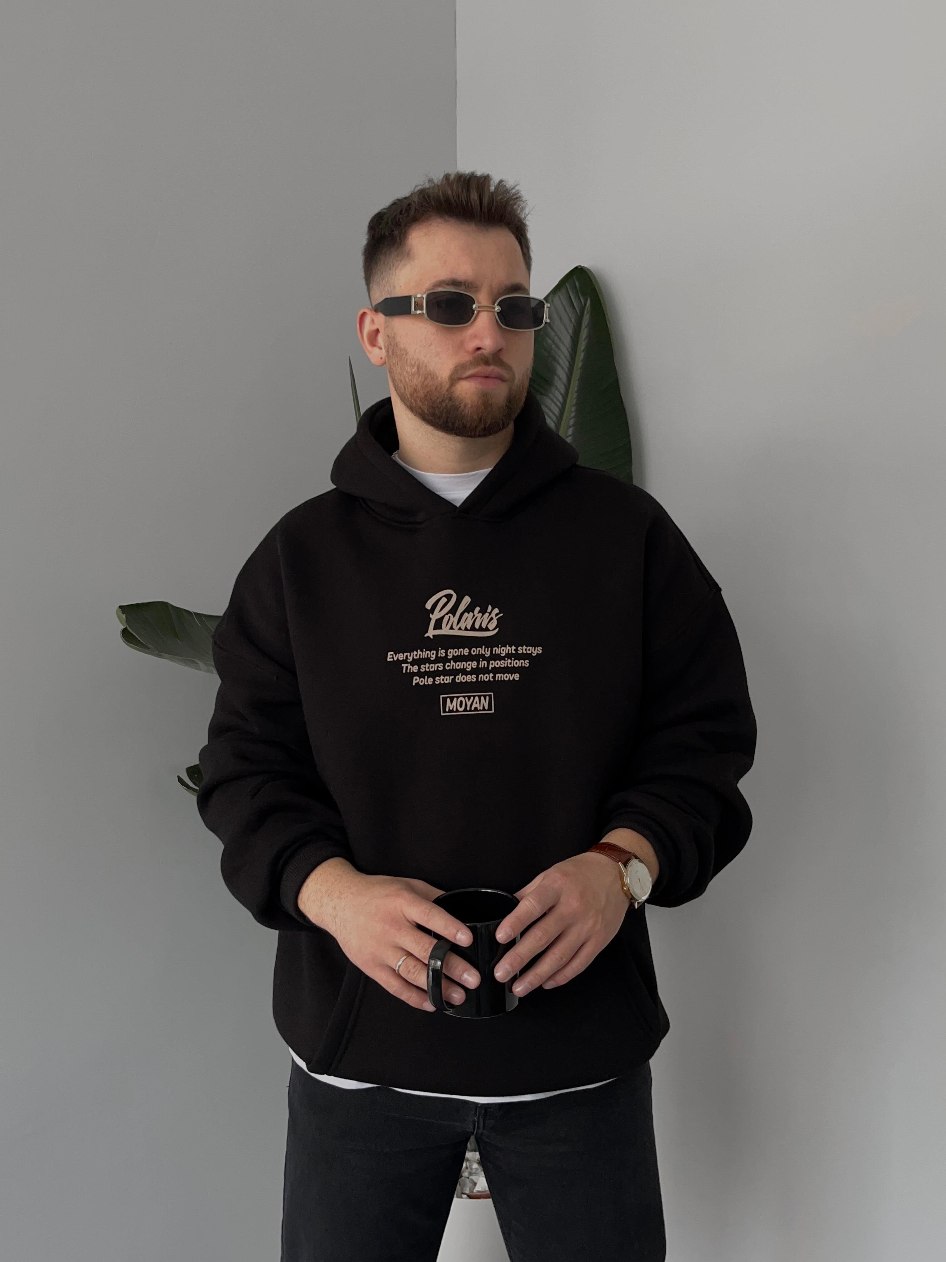 Polaris Baskılı Siyah Oversize Hoodie