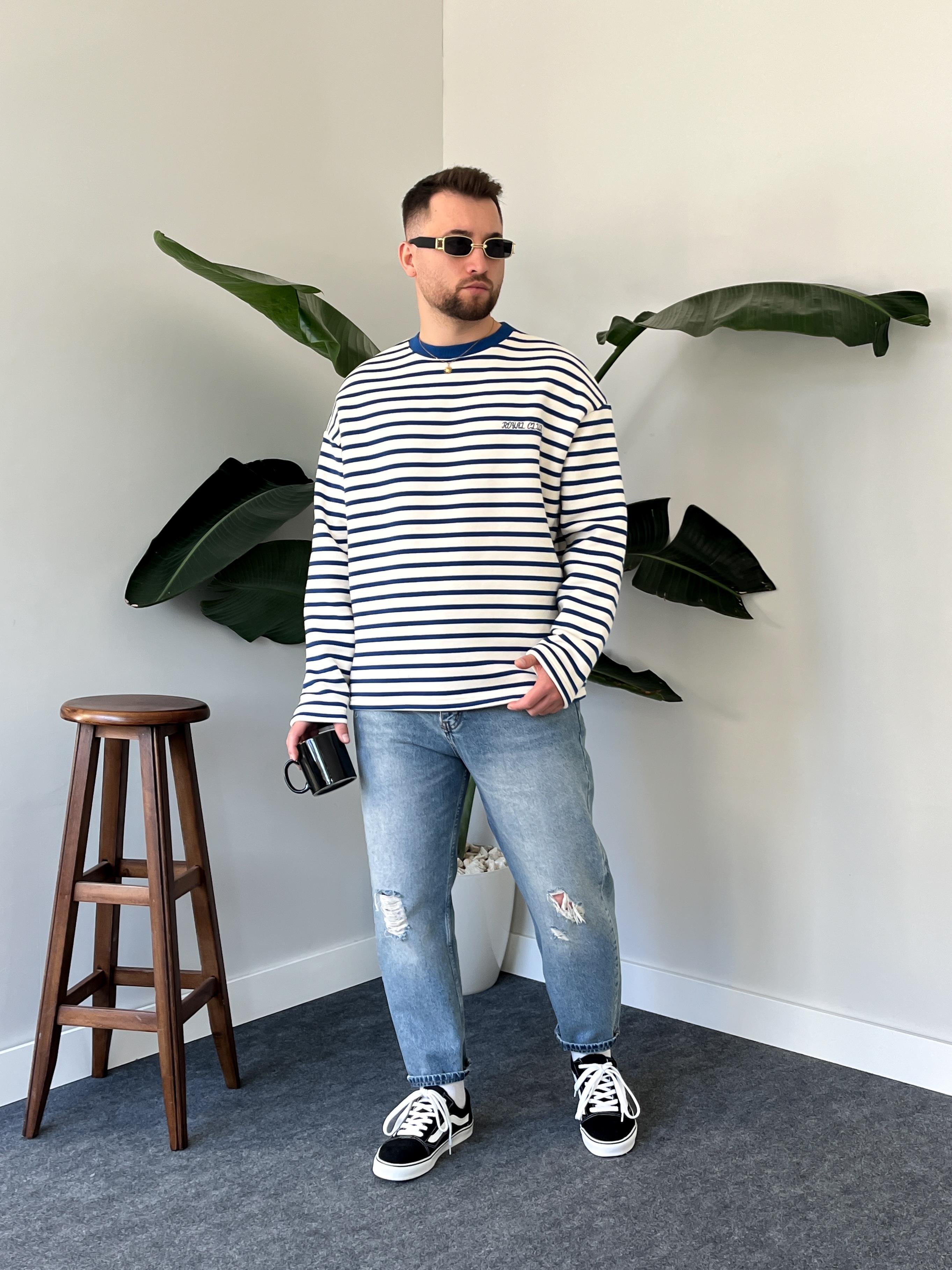 Royal Club Mavi Çizgili Üç İplik Şardonlu Sweatshirt 