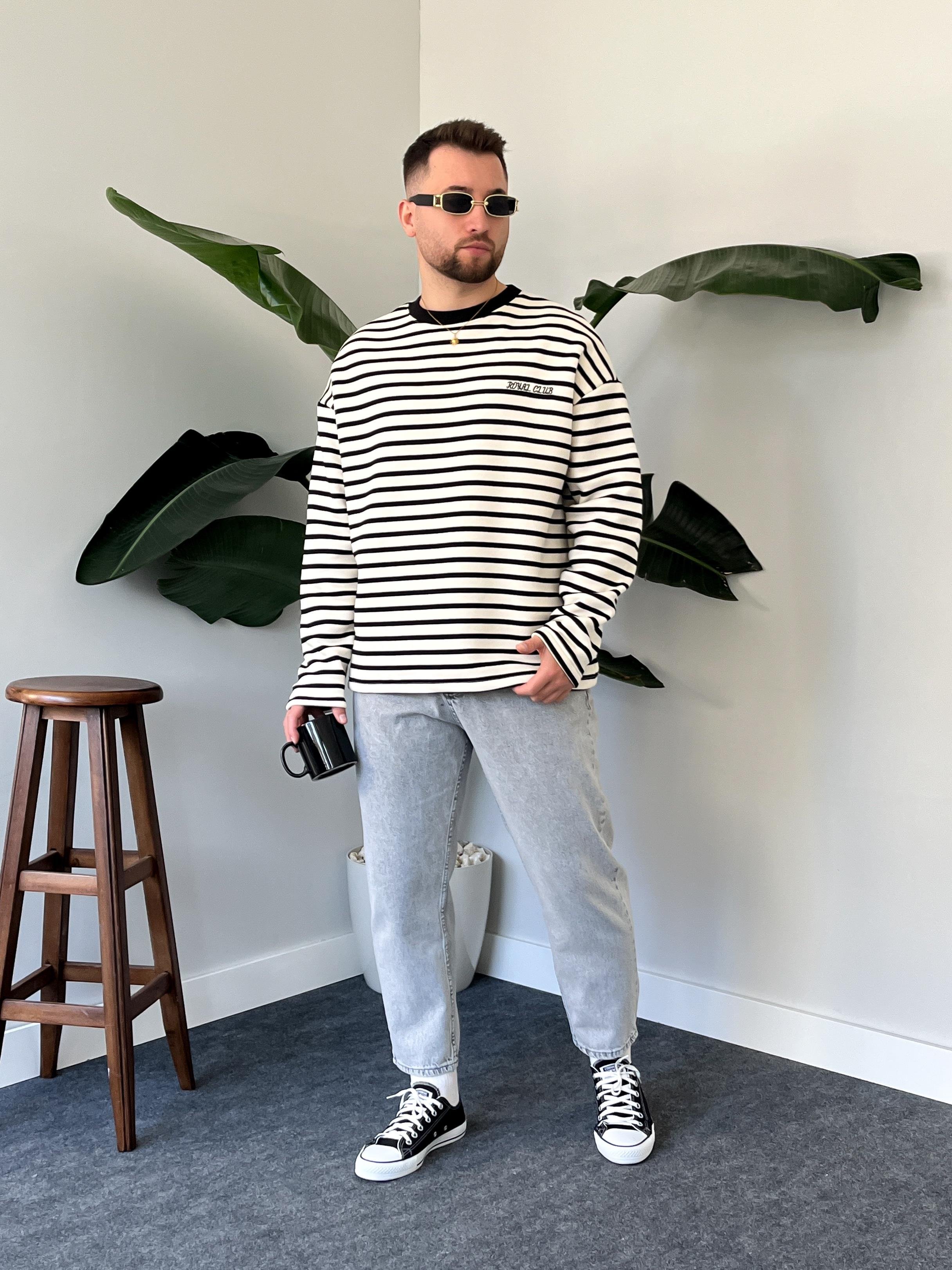 Royal Club Siyah Çizgili Üç İplik Şardonlu Sweatshirt