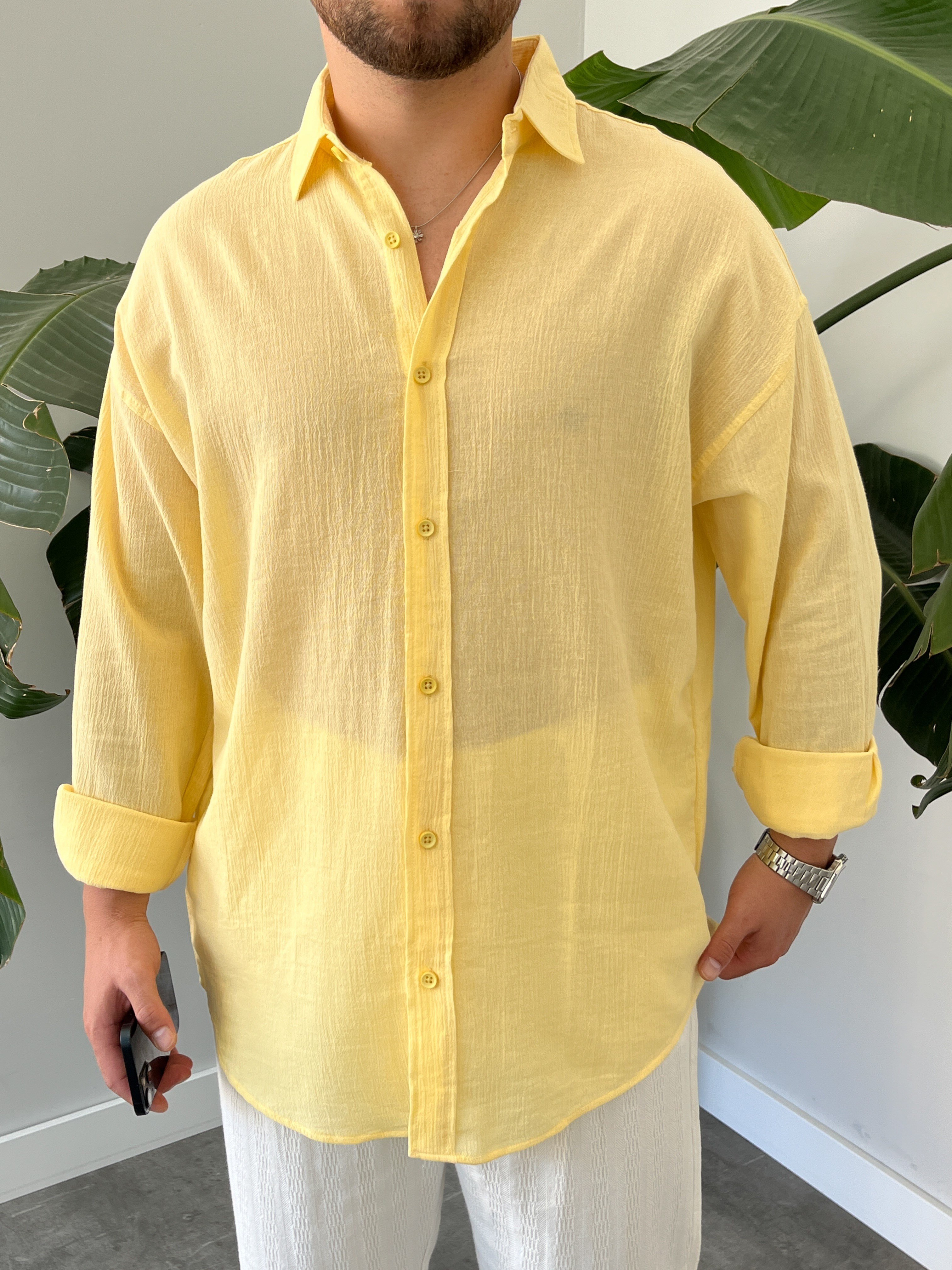 Sarı Krinkıl Oversize Gömlek