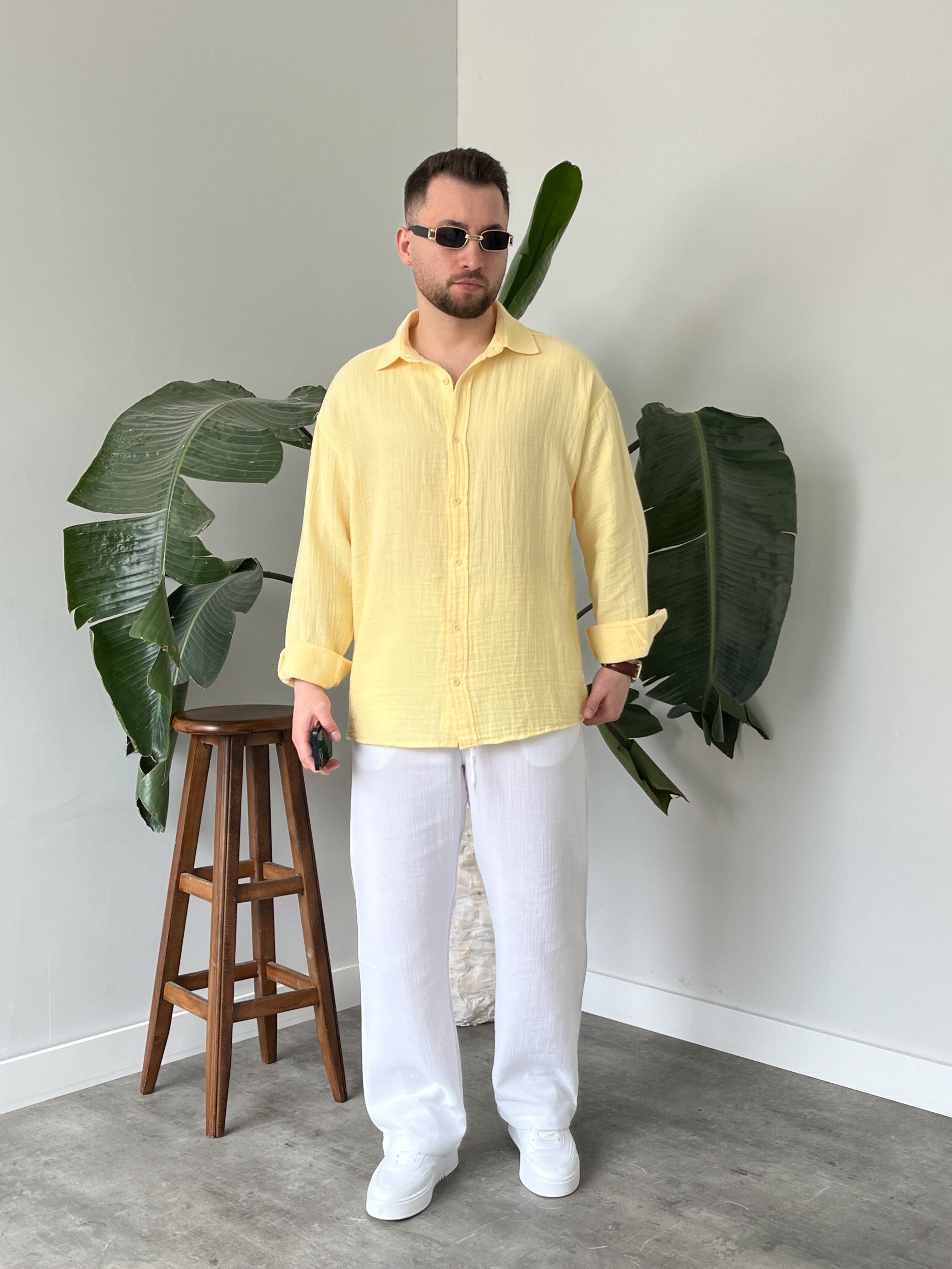 Sarı Müslin Dokulu Oversize Gömlek