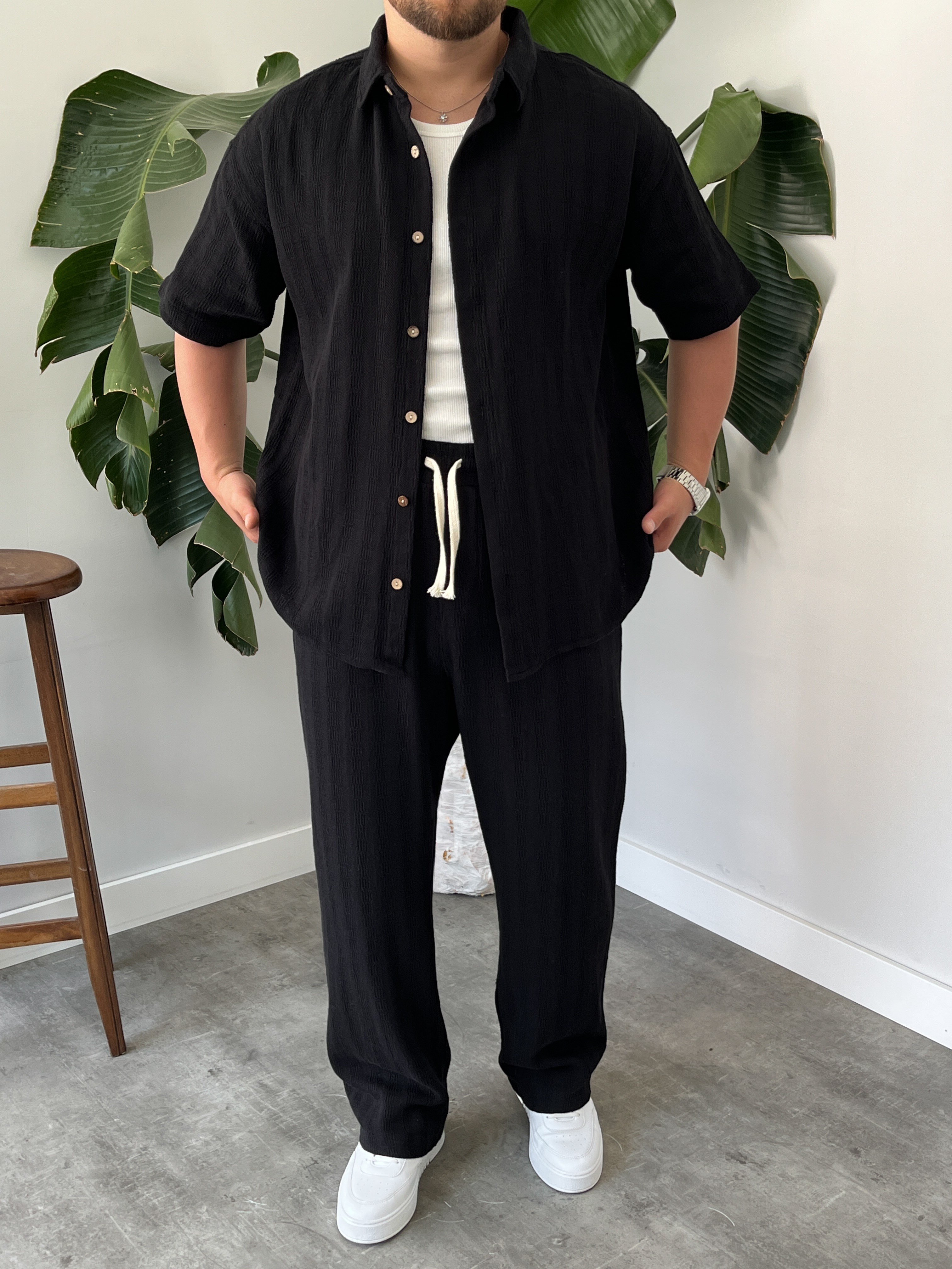 Siyah Alaçatı Casual Desenli Oversize Takım