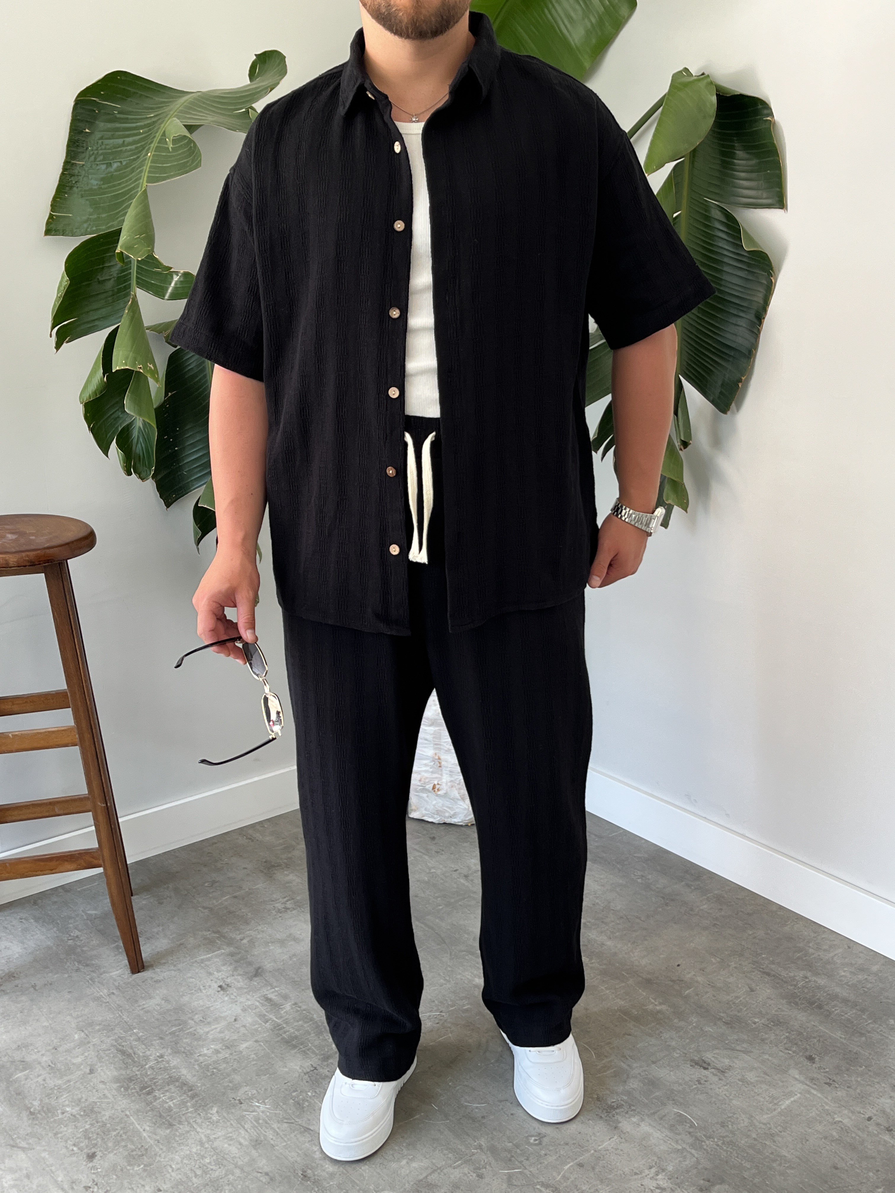 Siyah Alaçatı Casual Desenli Oversize Takım
