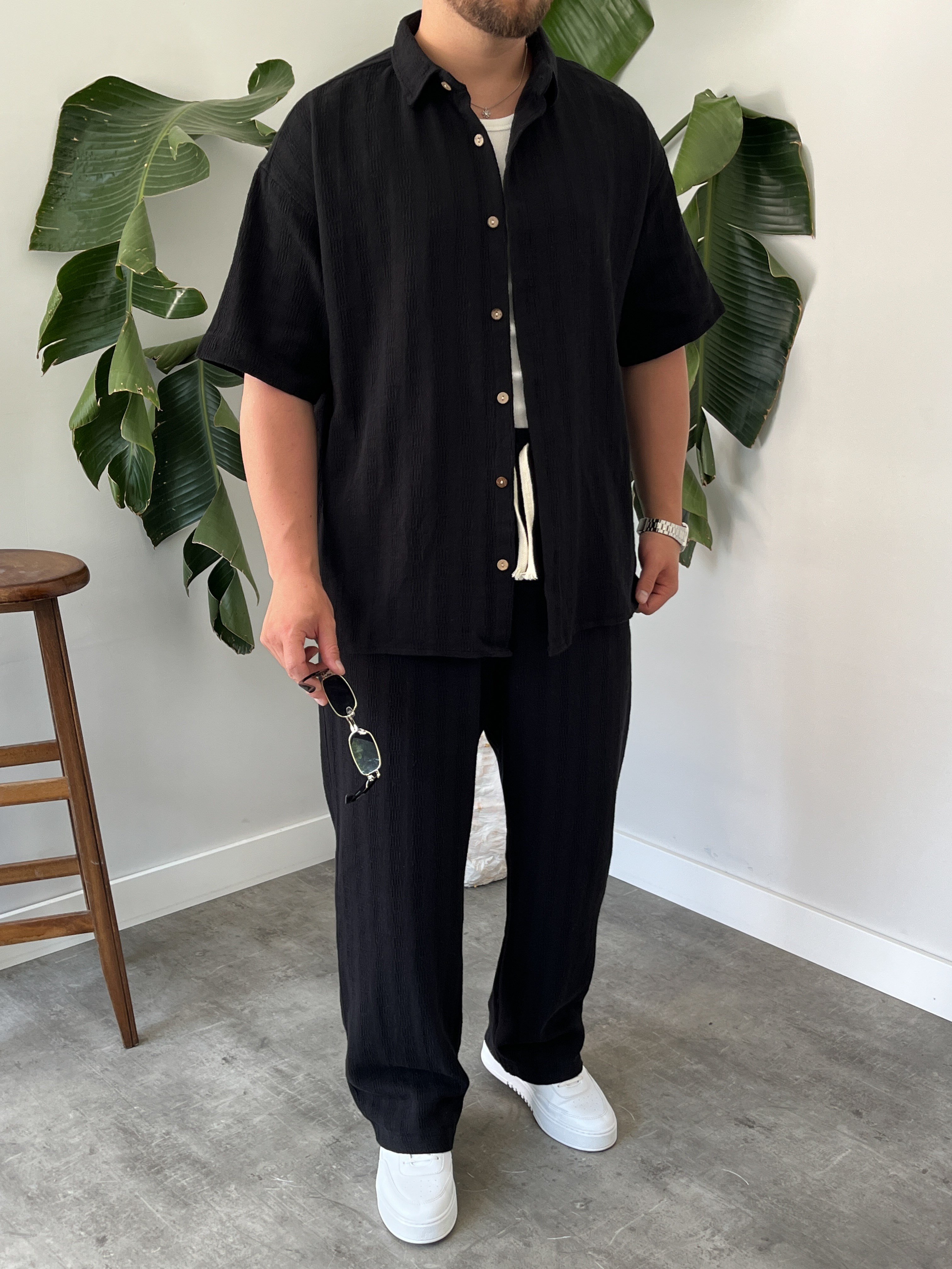 Siyah Alaçatı Casual Desenli Oversize Takım