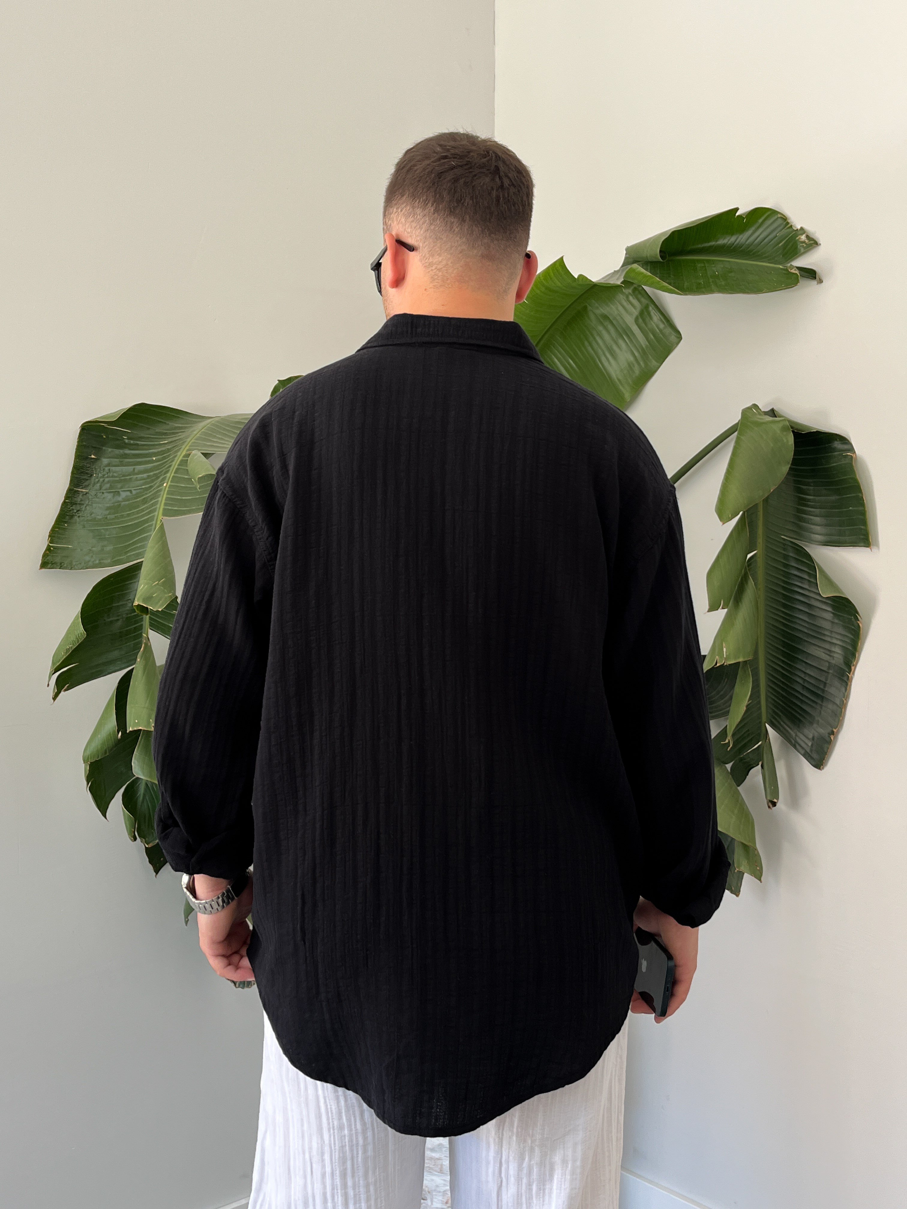 Siyah Armürlü Müslin Oversize Gömlek