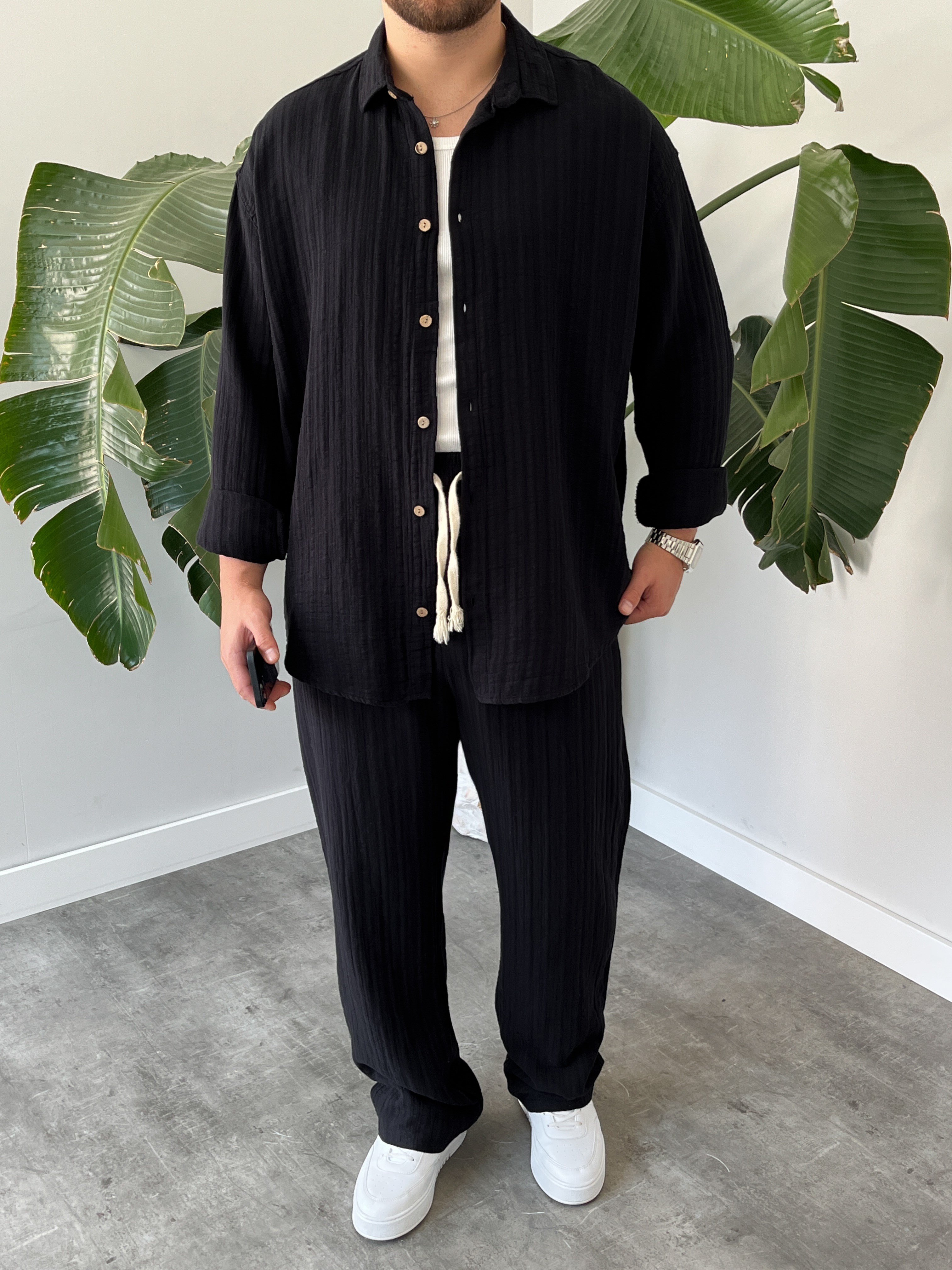 Siyah Armürlü Müslin Oversize Takım