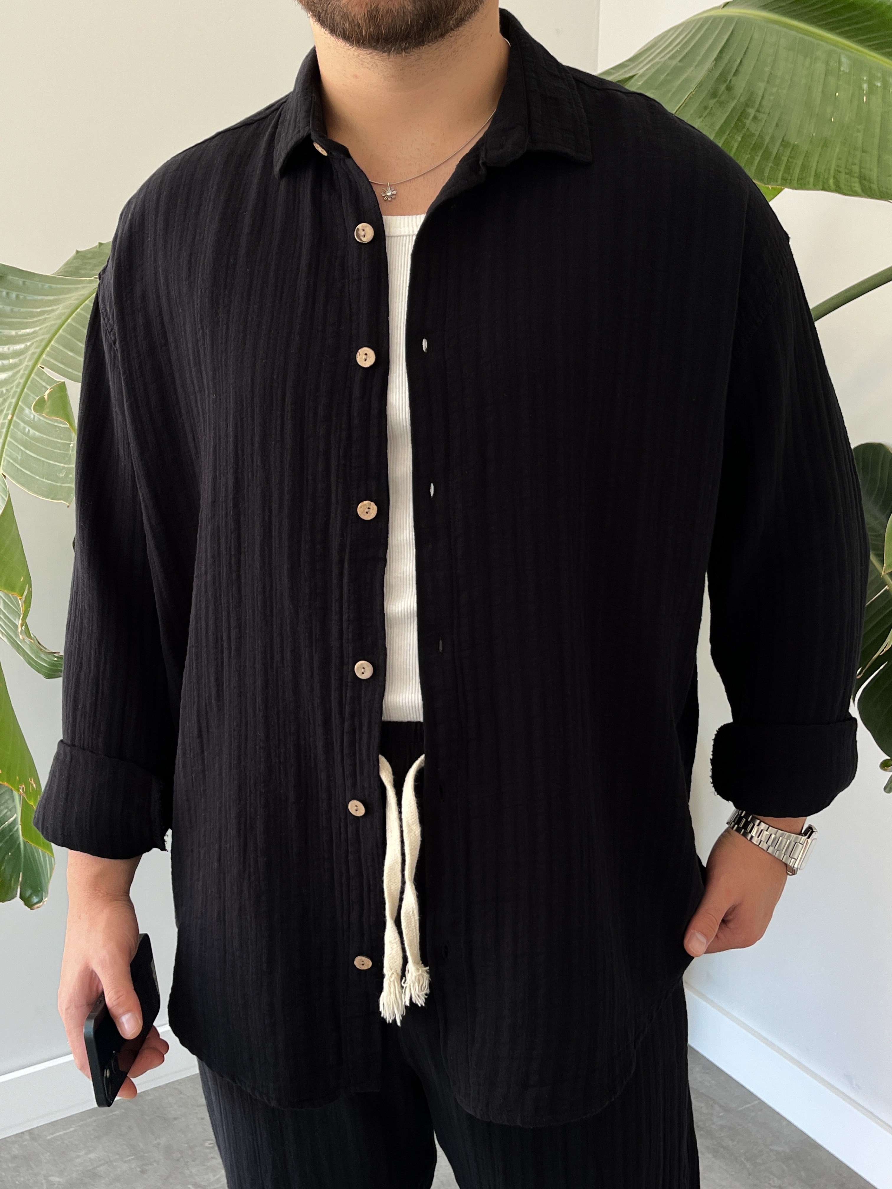 Siyah Armürlü Müslin Oversize Takım
