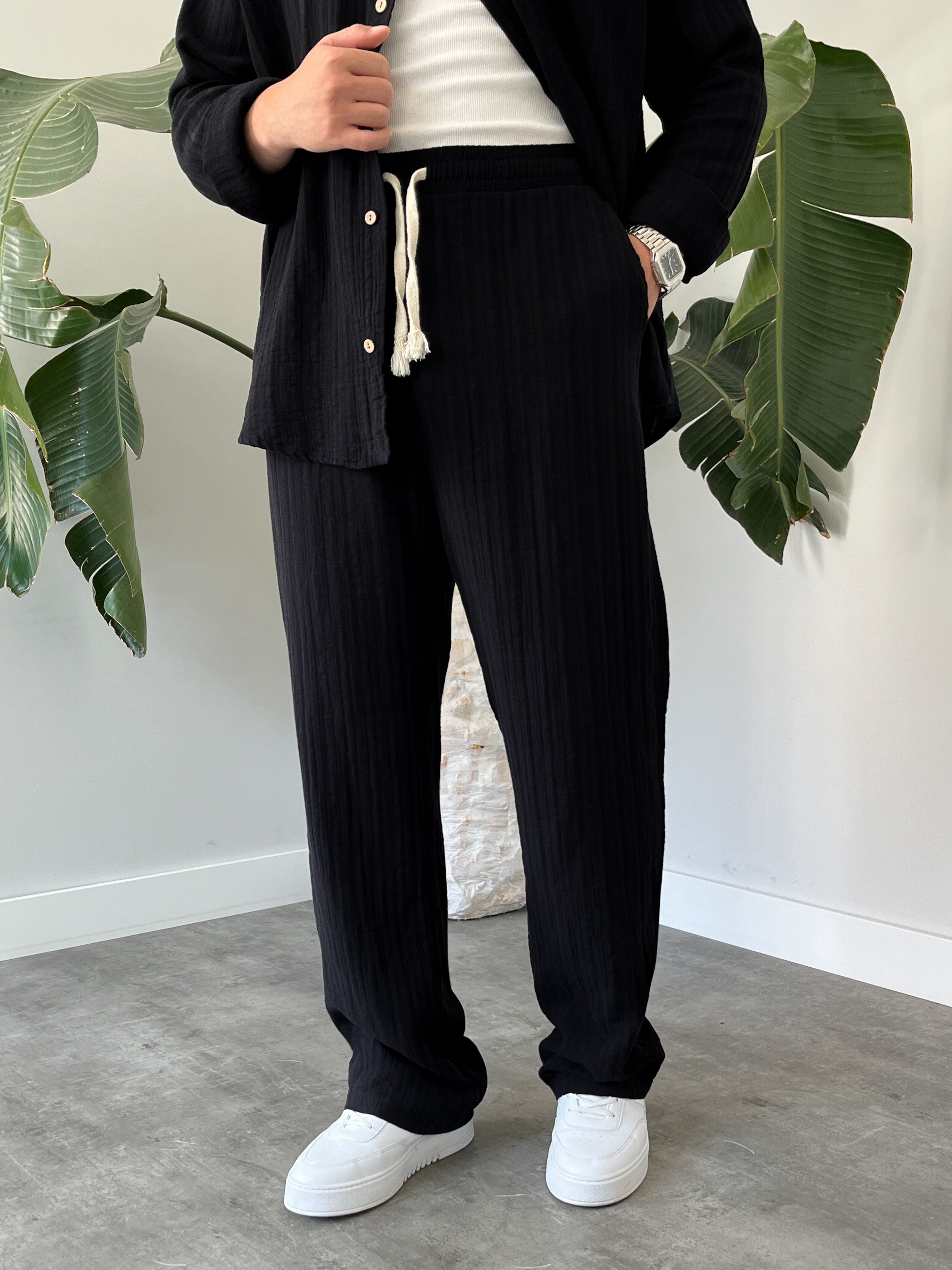 Siyah Armürlü Müslin Oversize Takım