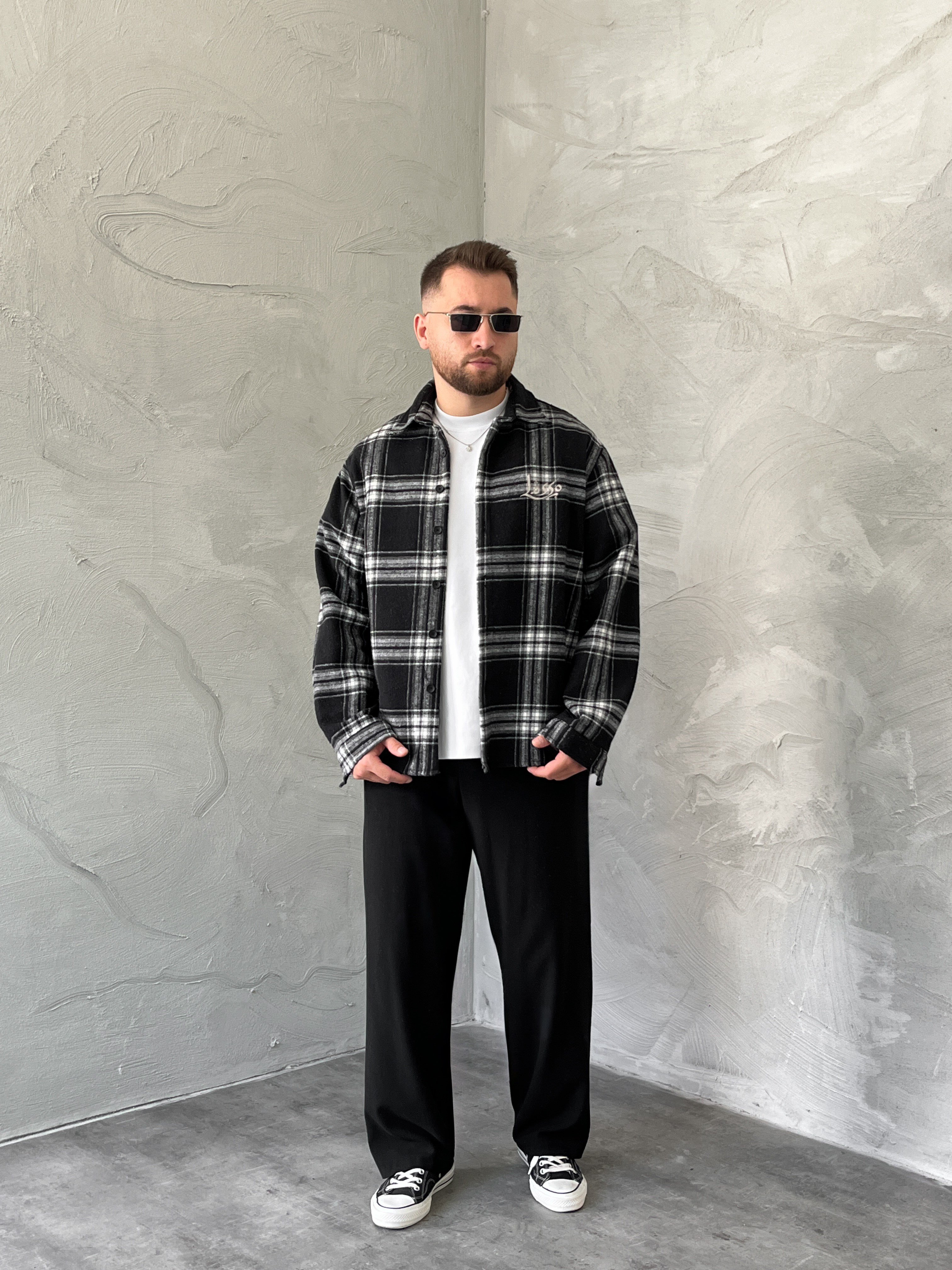 Siyah Baskılı Oversize Ekose Gömlek
