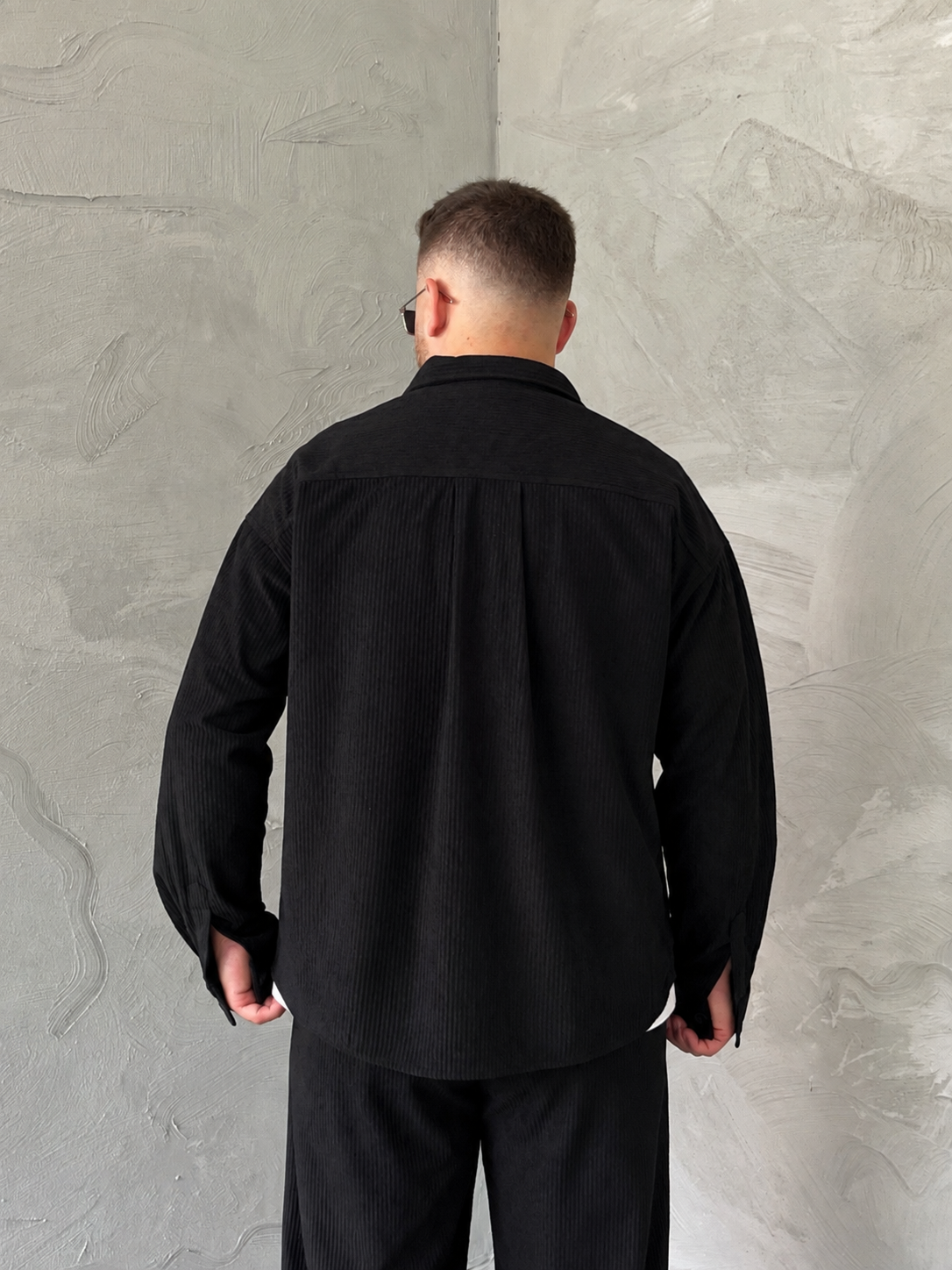 Siyah Boxy Fit Fitilli Kadife Takım