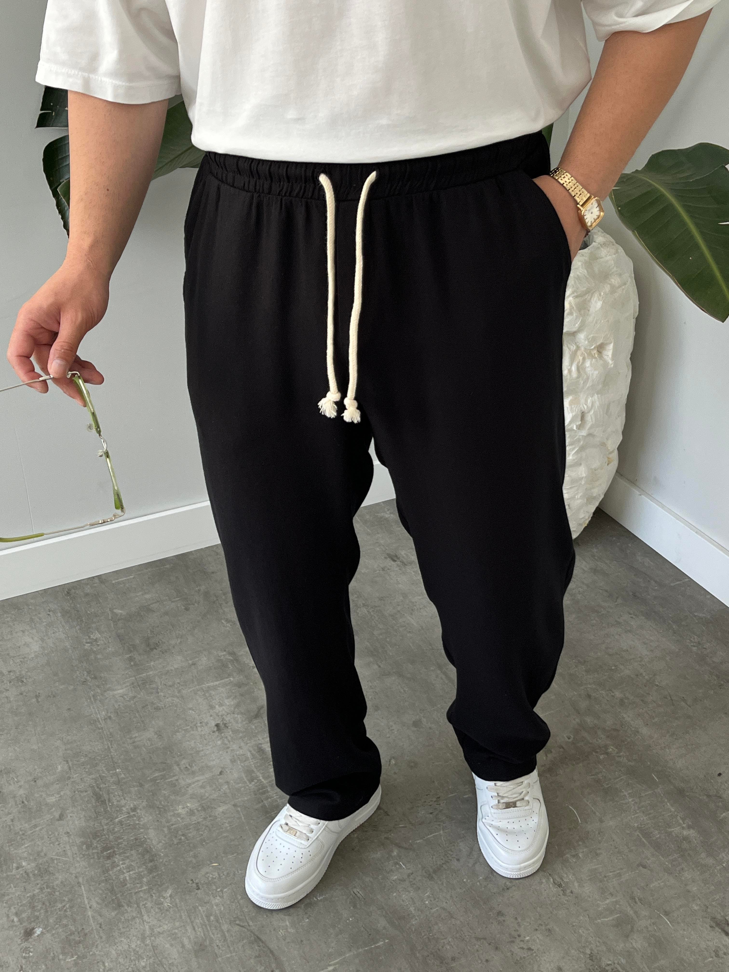 Siyah Burgu Bağcık Detaylı Pamuk Keten Relax Fit Pantolon