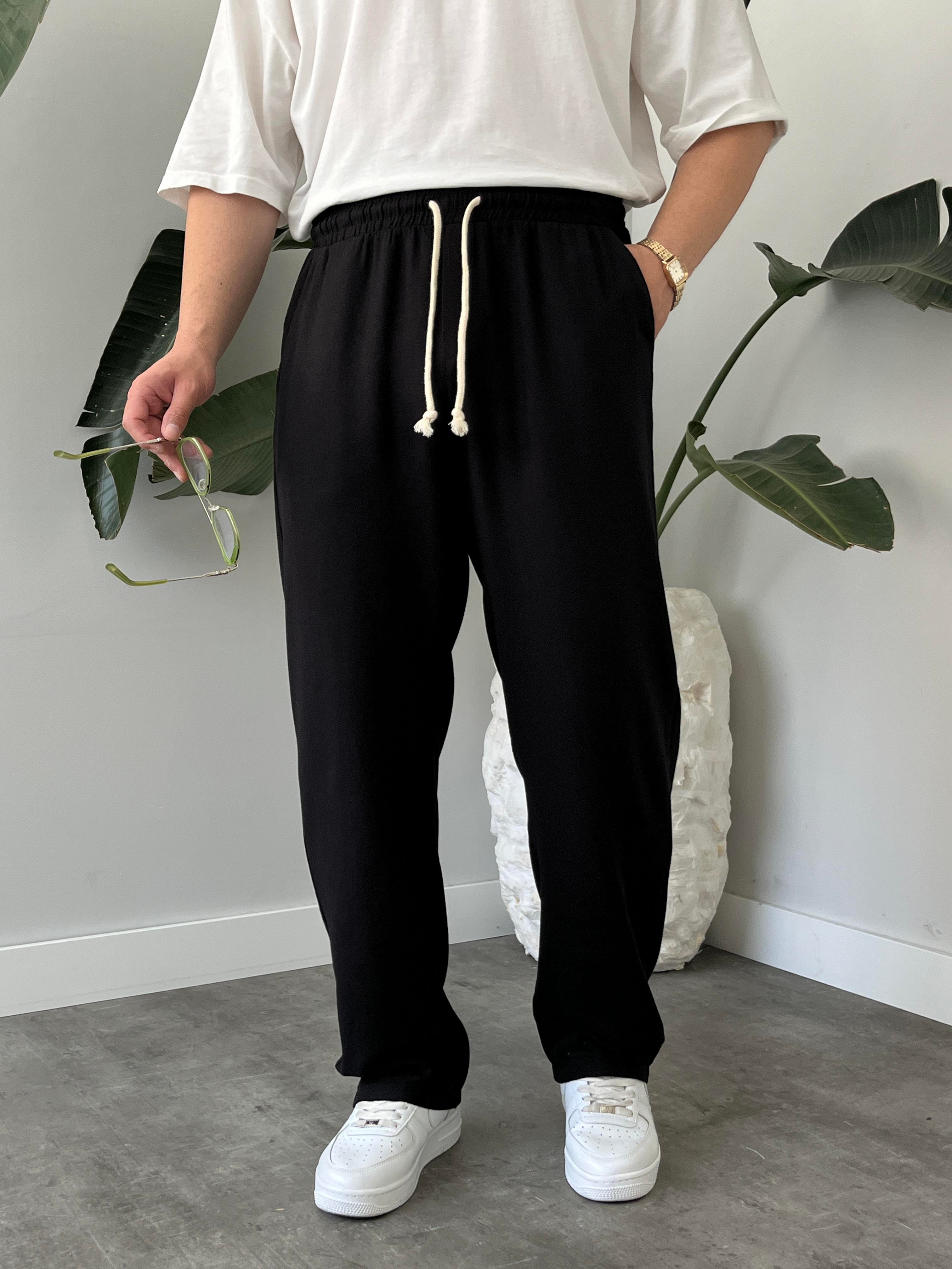 Siyah Burgu Bağcık Detaylı Pamuk Keten Relax Fit Pantolon
