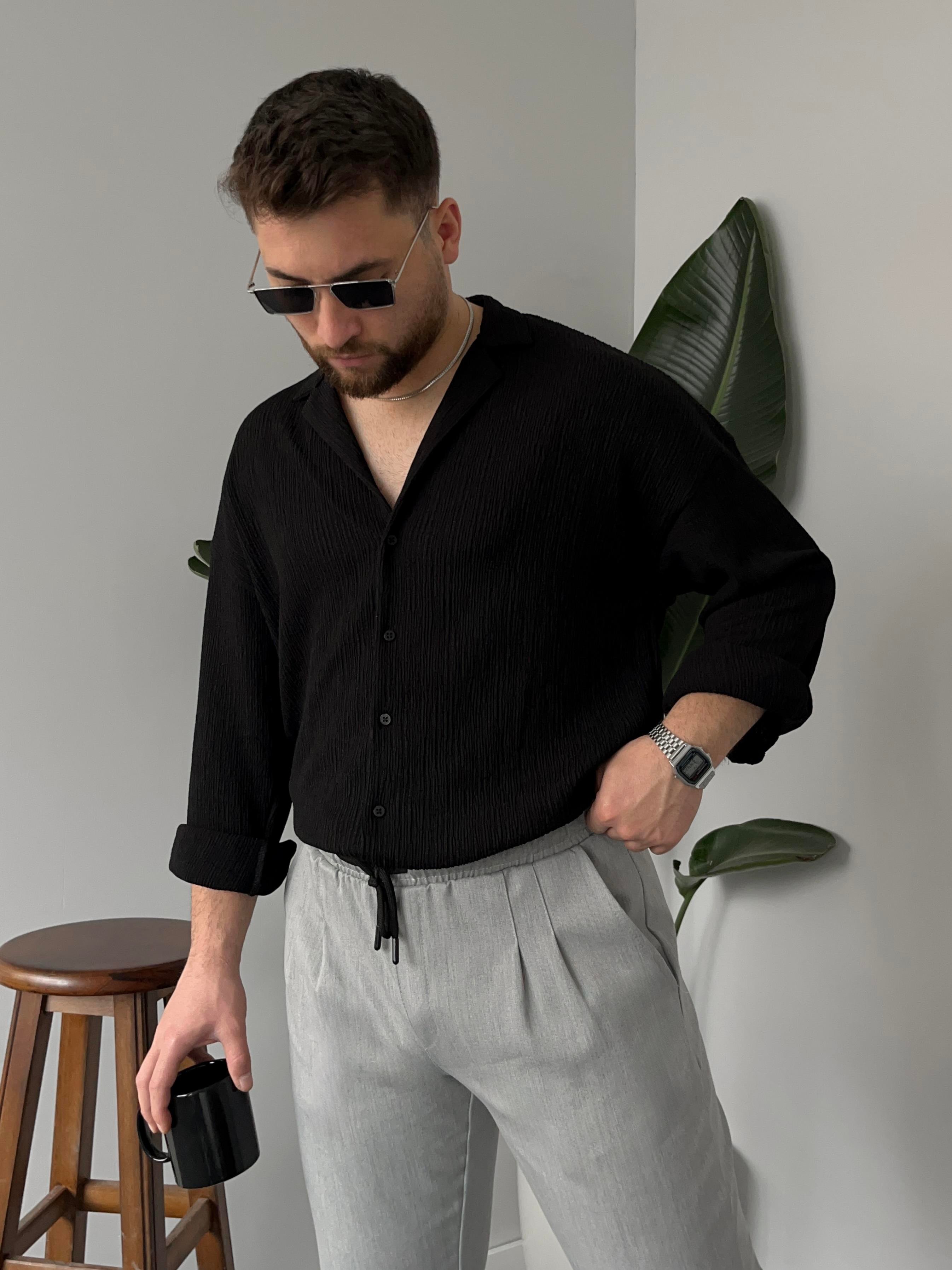 Siyah Bürümcük Kumaş Gömlek