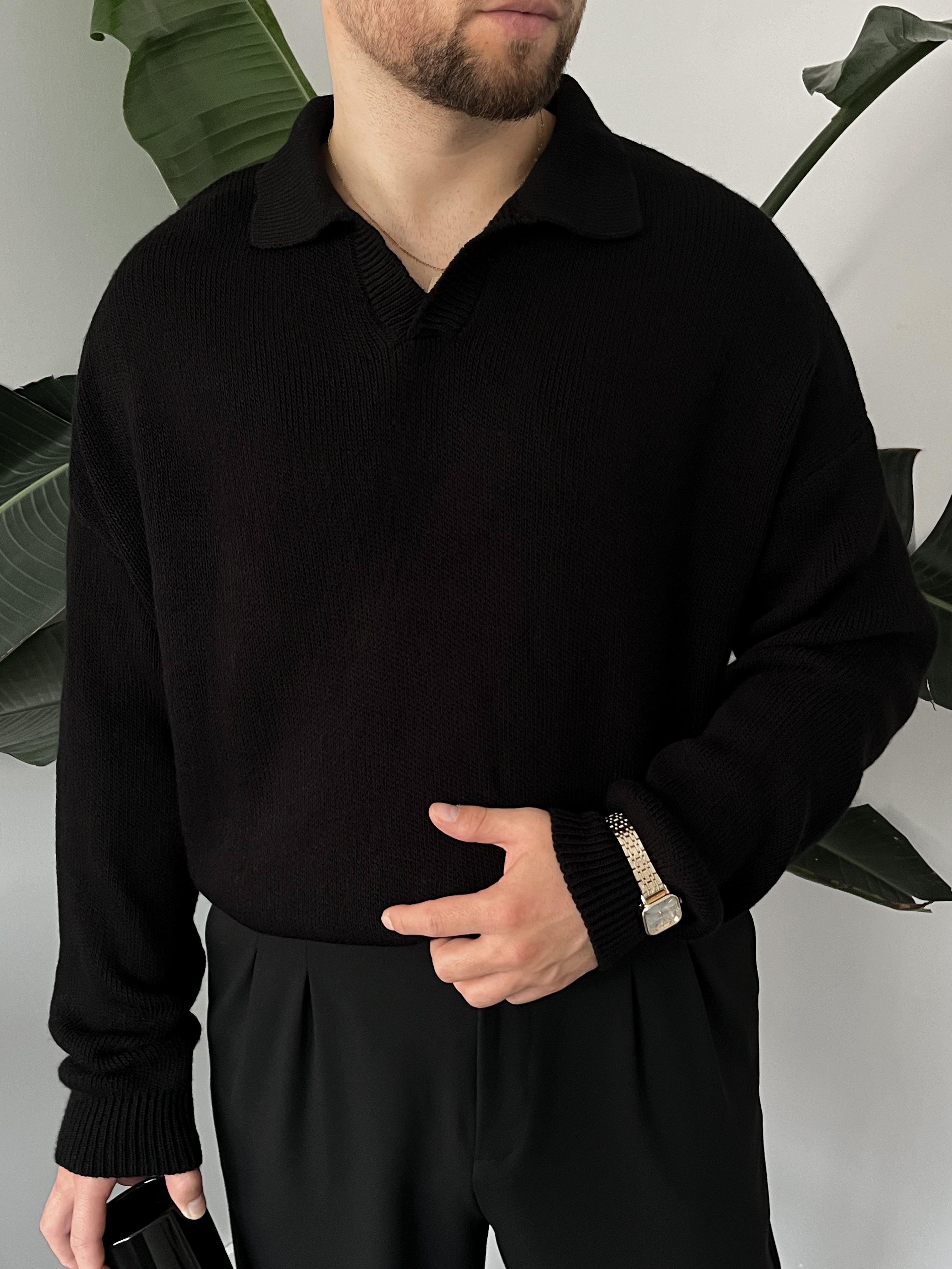 Siyah Casual Polo Yaka Kazak