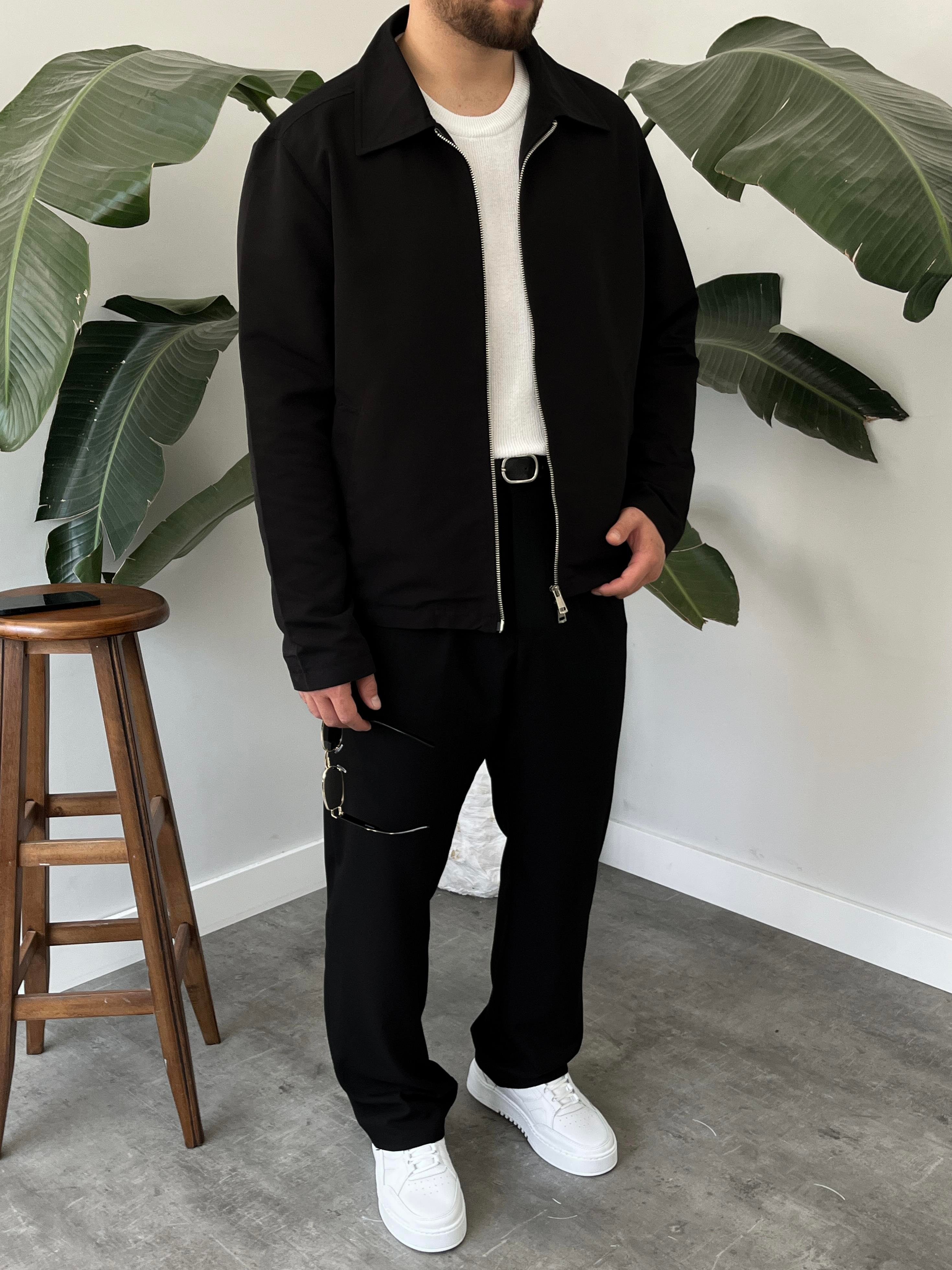 Siyah Çift Yön Fermuar Boxy Fit Casual Ceket