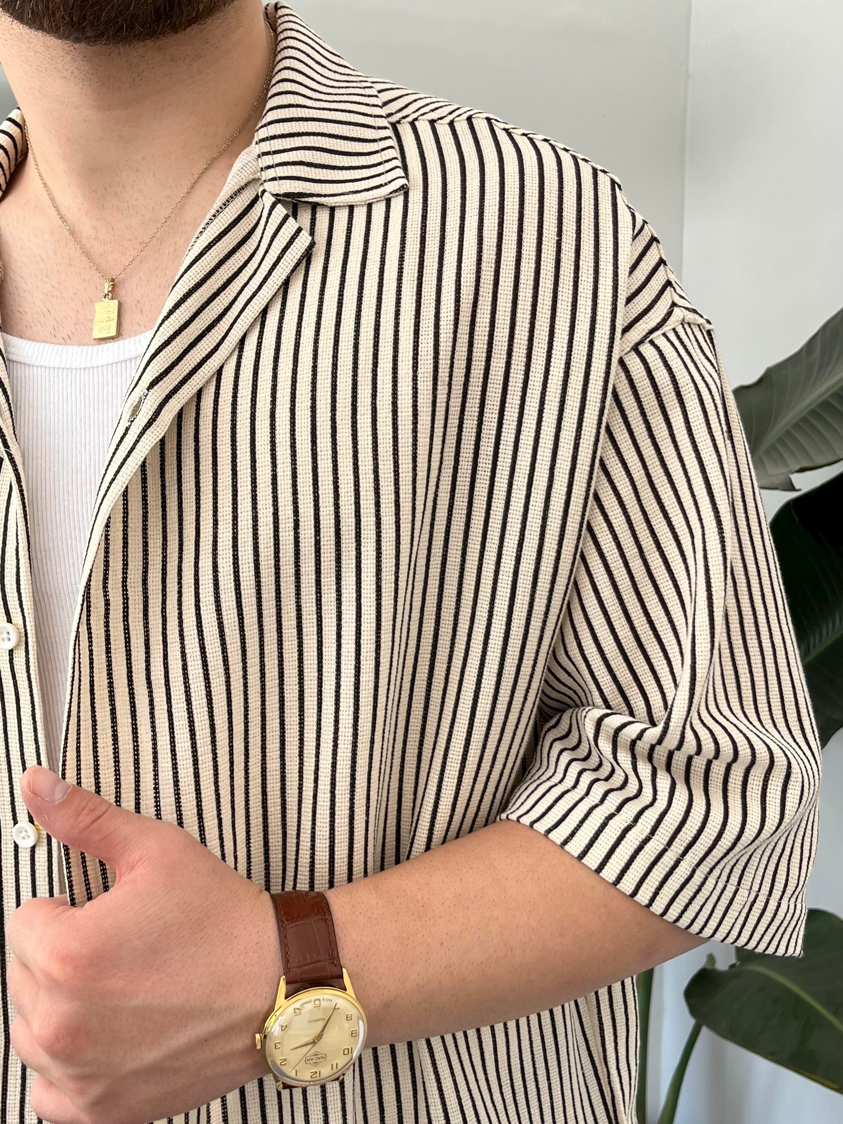 Siyah Çizgili Etamin Keten Oversize Gömlek