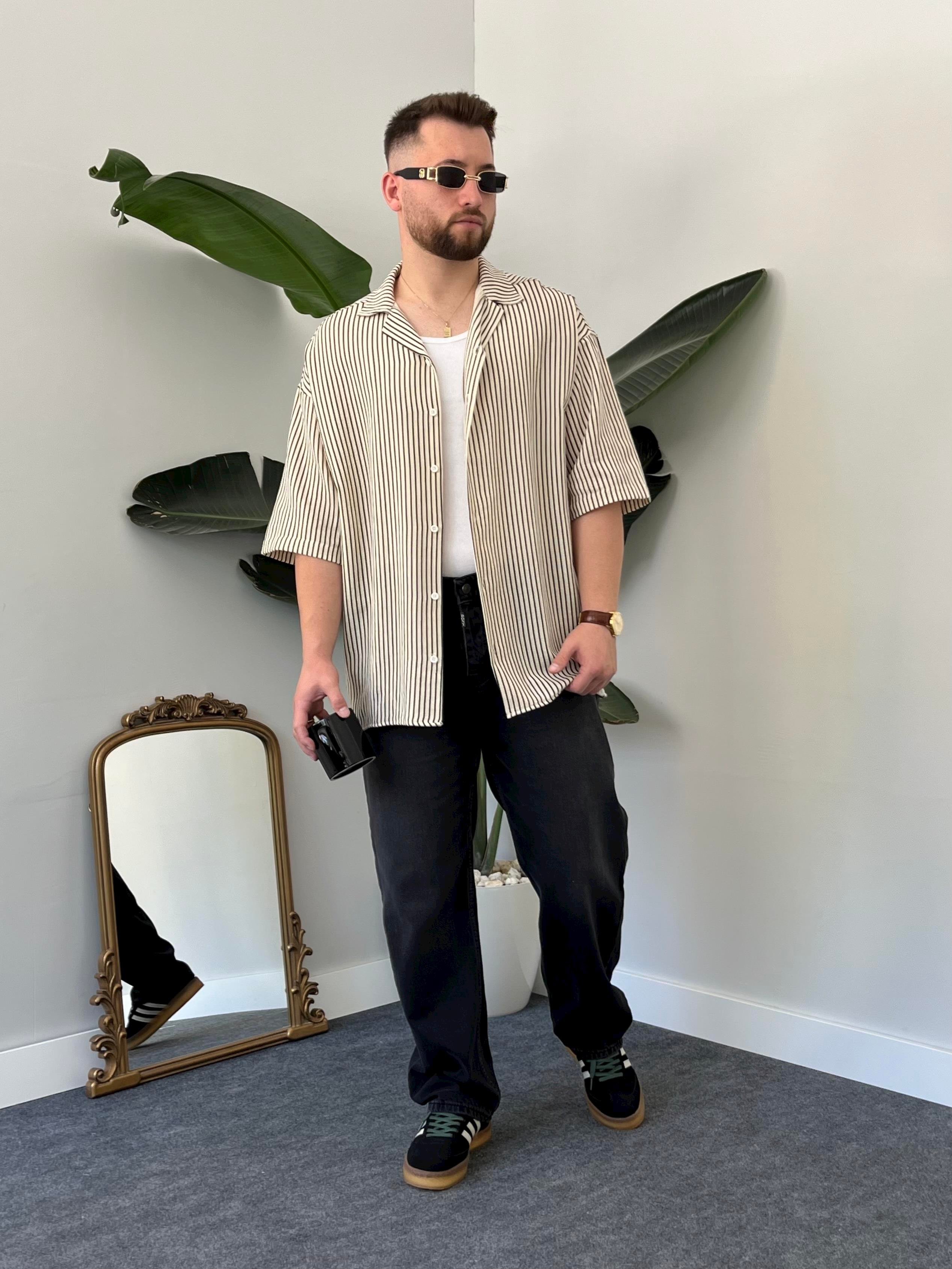 Siyah Çizgili Etamin Keten Oversize Gömlek