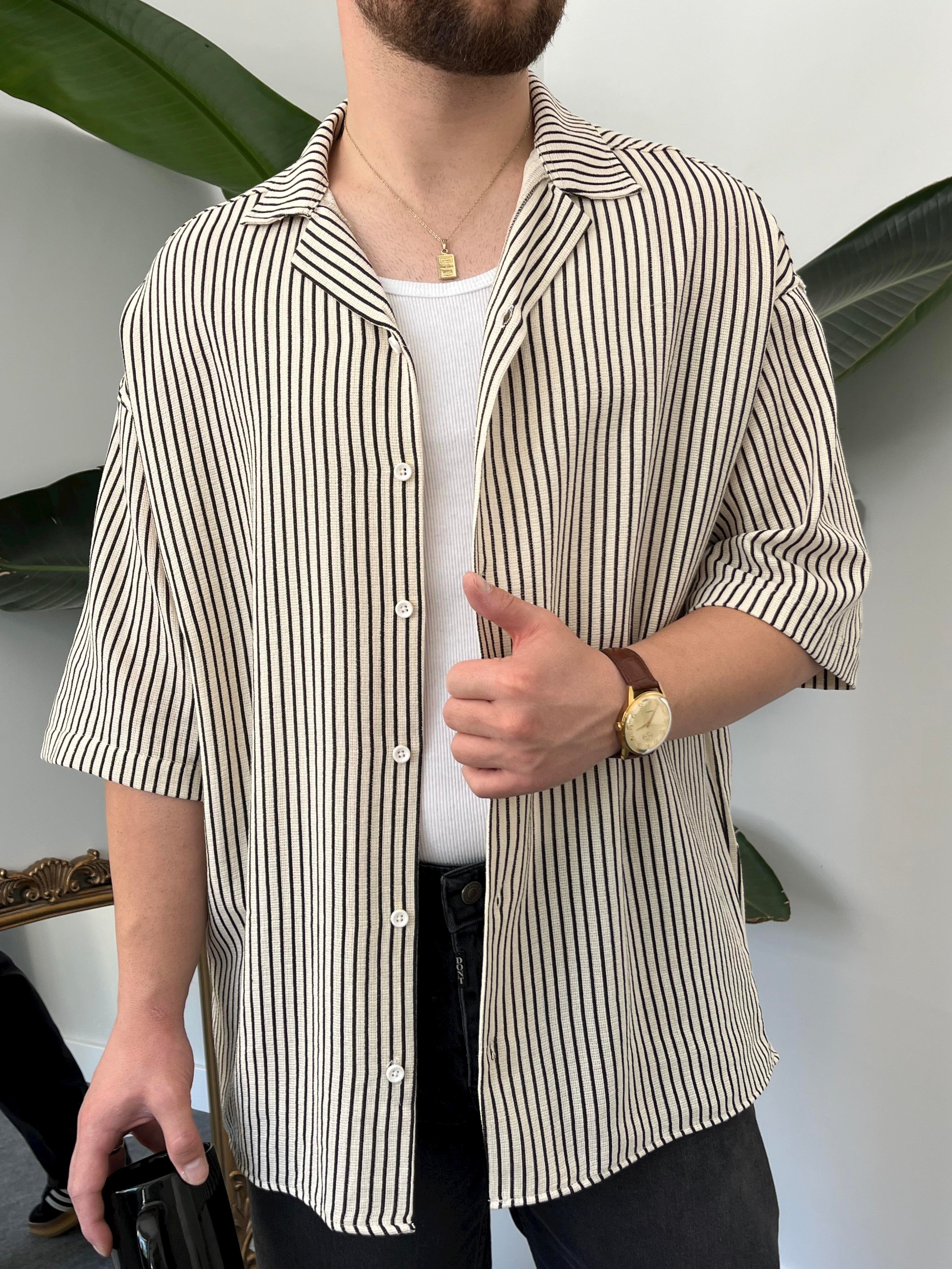 Siyah Çizgili Etamin Keten Oversize Gömlek