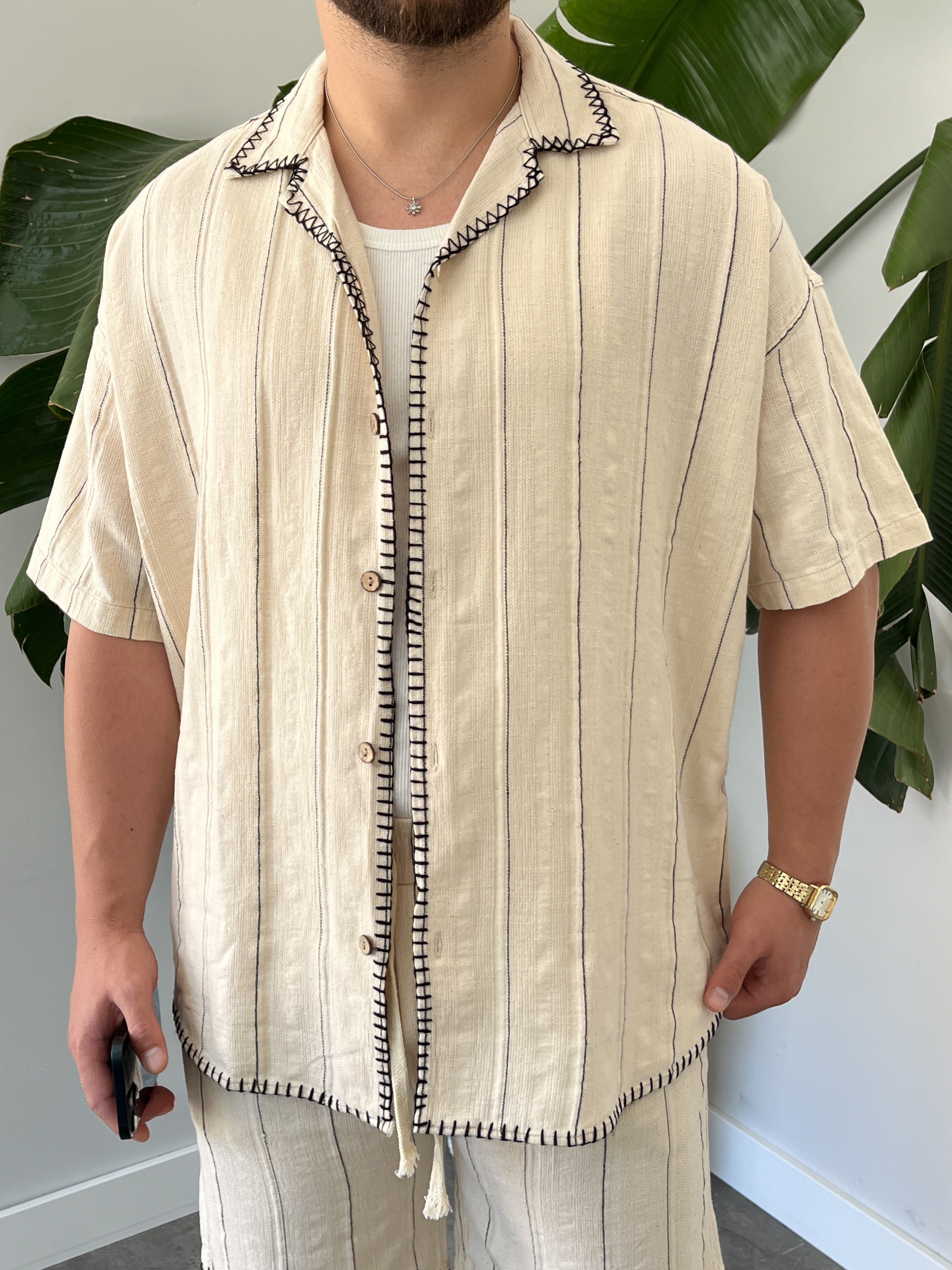Siyah Çizgili Kontrast Dikiş Oversize Takım