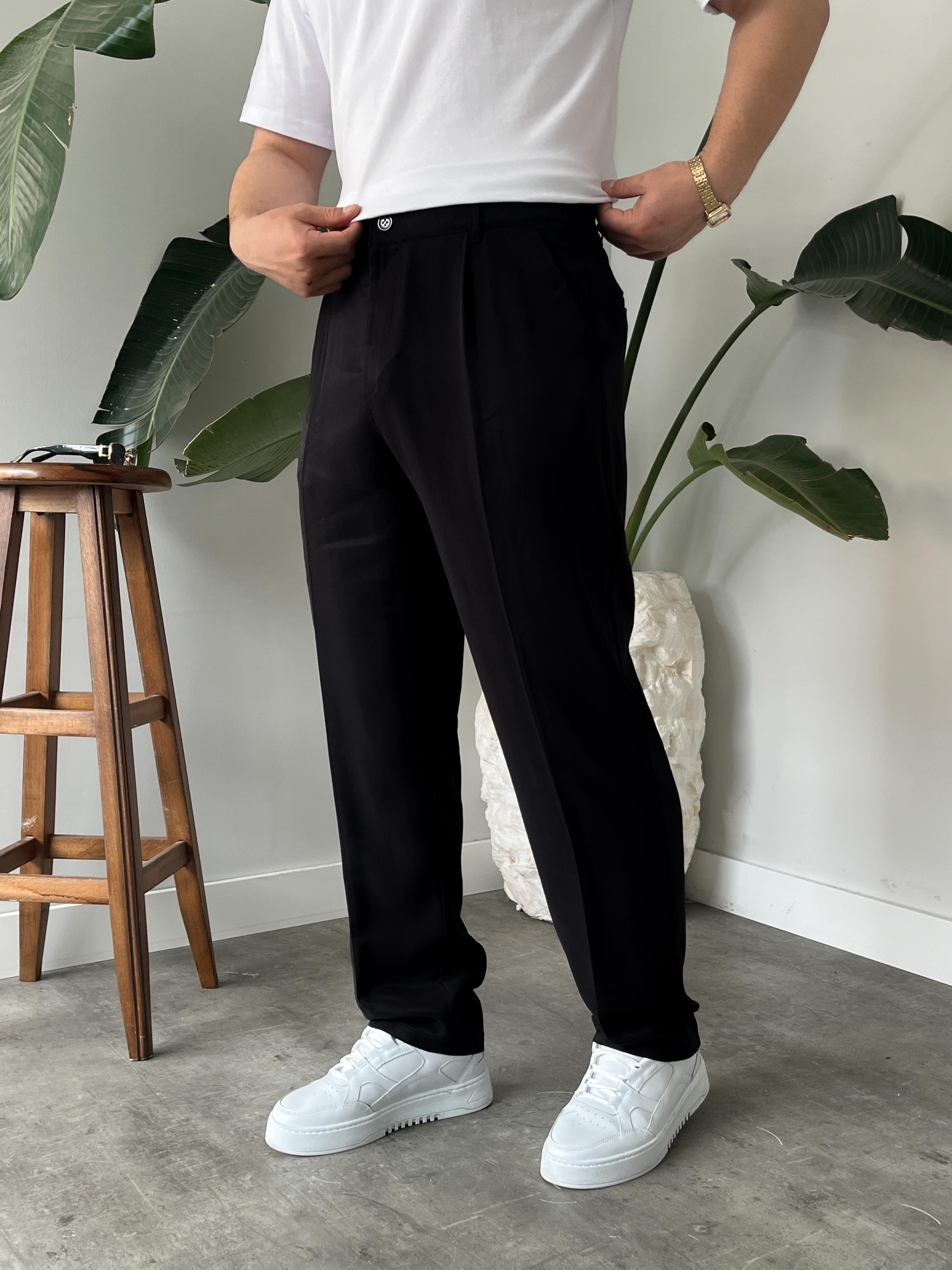 Siyah Deluxe Pileli Modal Kumaş Baggy Pantolon
