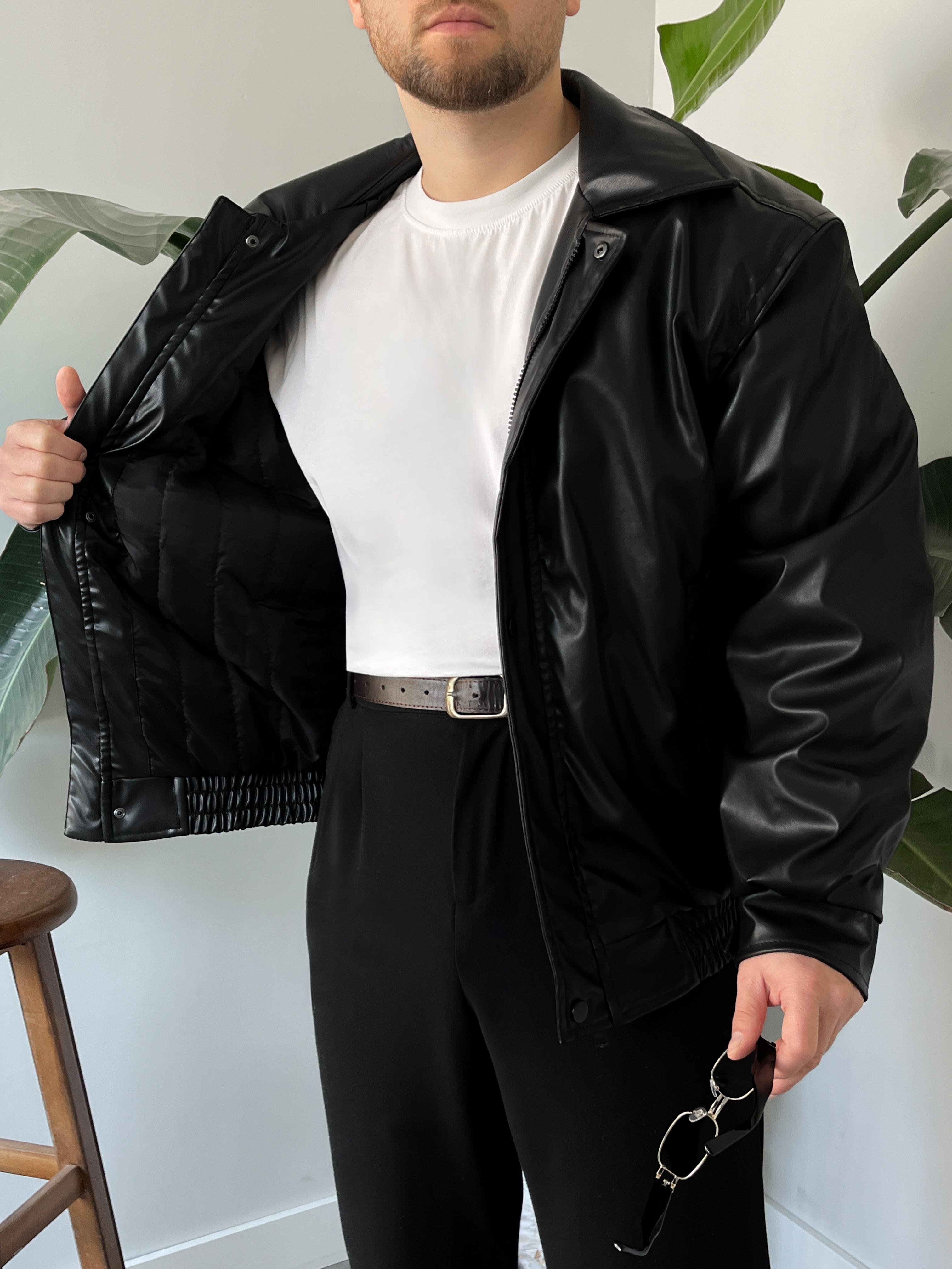 Siyah Deri Bomber Mont