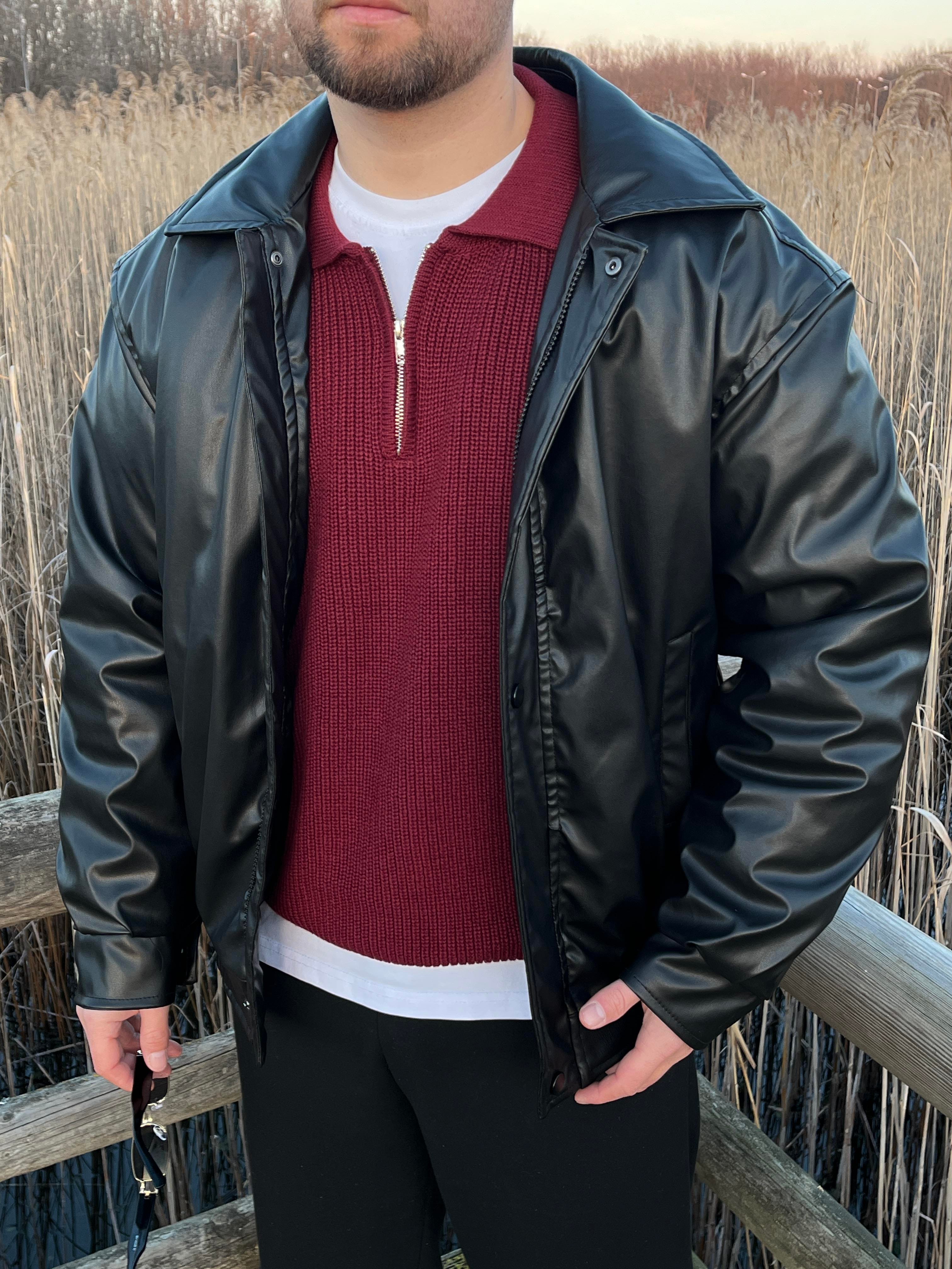 Siyah Deri Bomber Mont