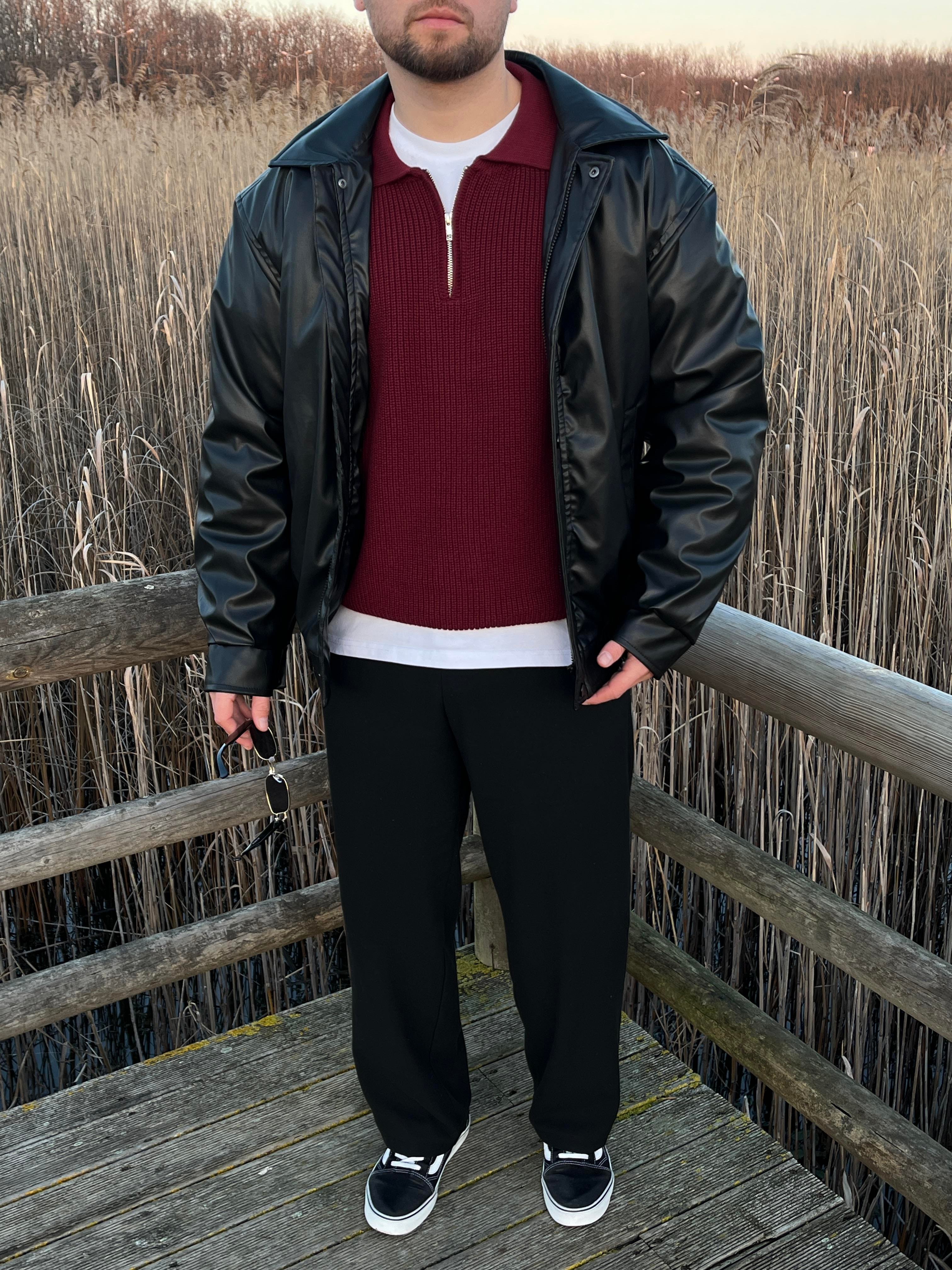 Siyah Deri Bomber Mont