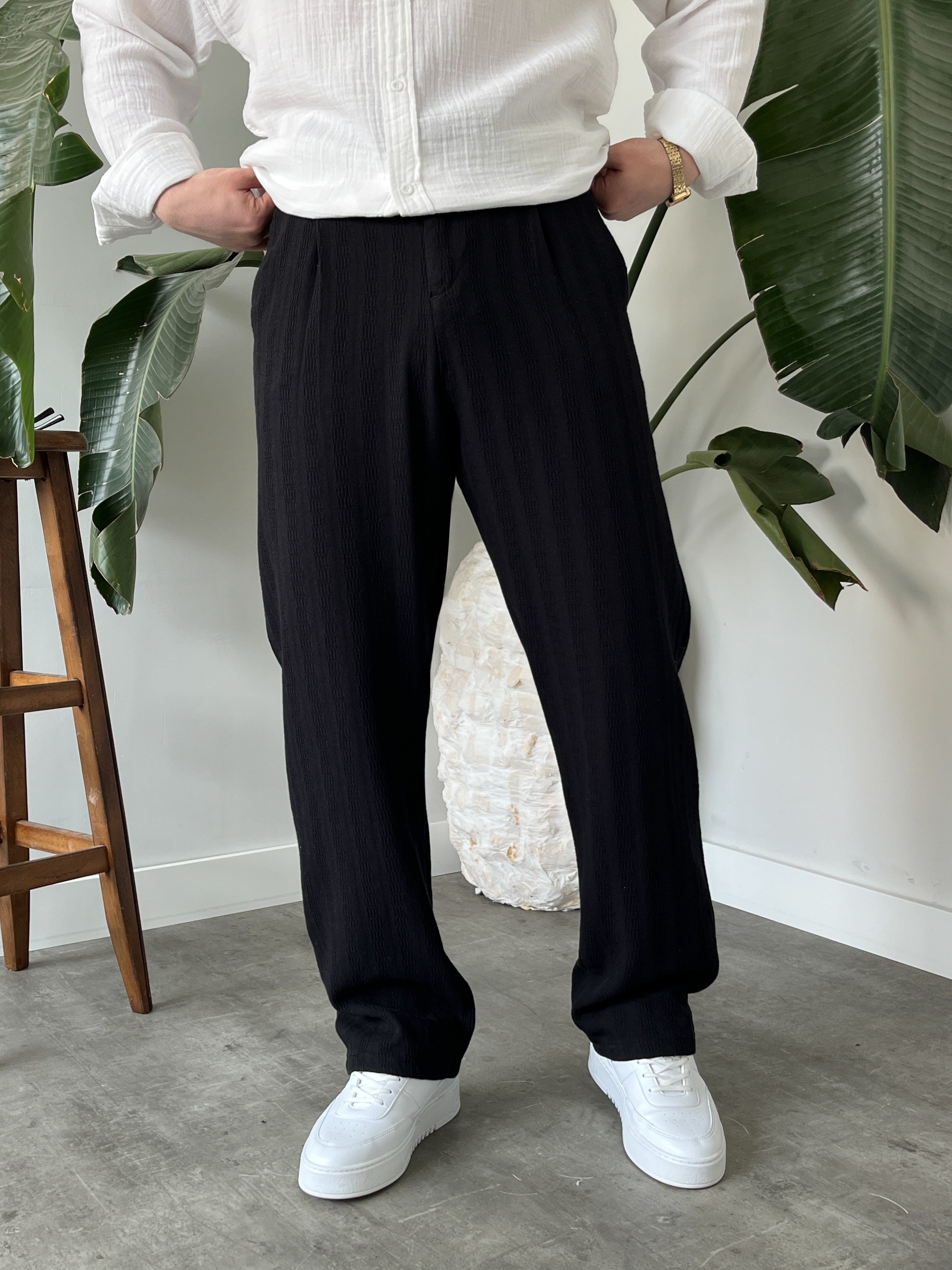 Siyah Desenli Keten Baggy Pantolon