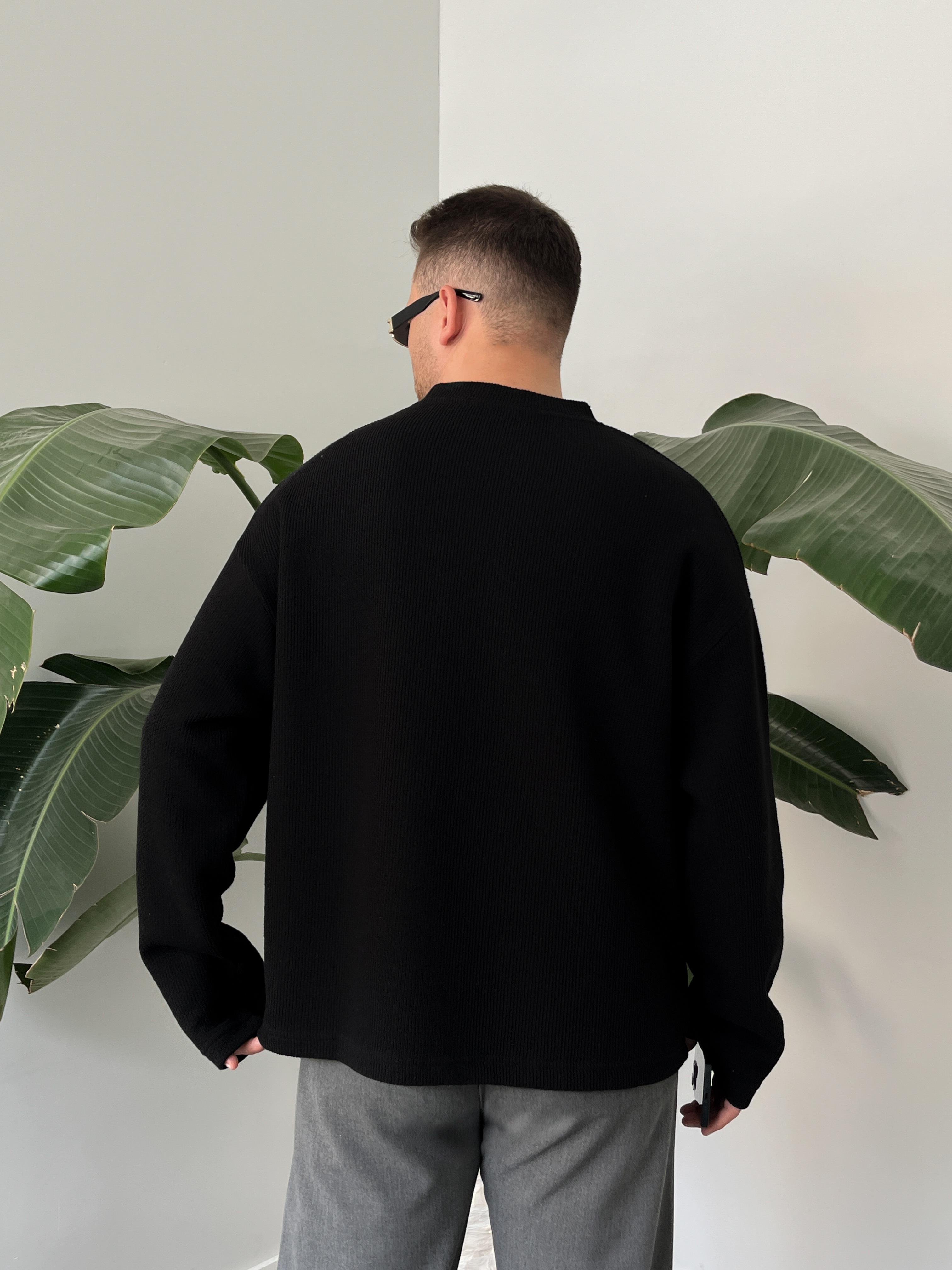 Siyah Dokulu Örme Triko Sweatshirt