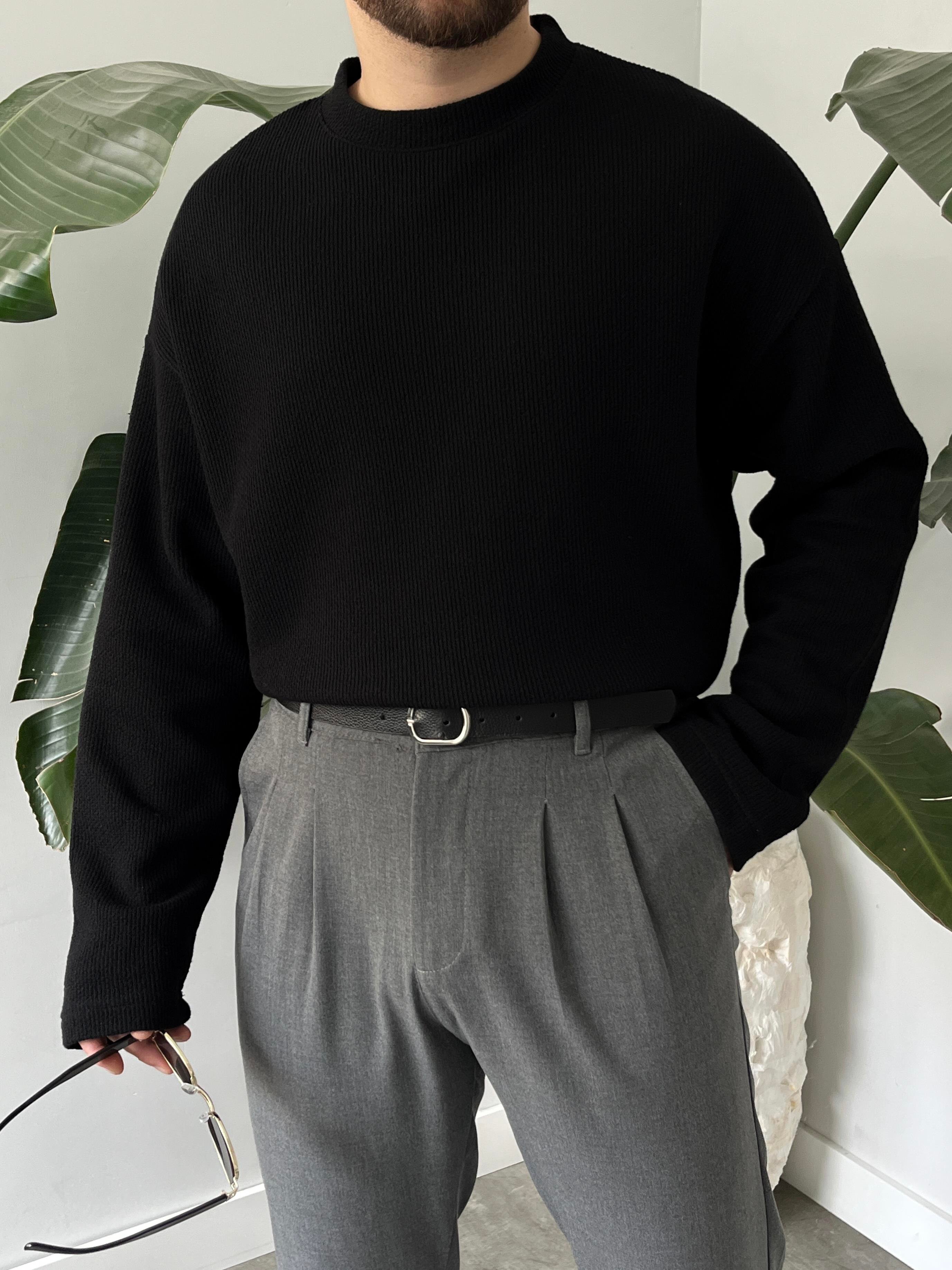 Siyah Dokulu Örme Triko Sweatshirt