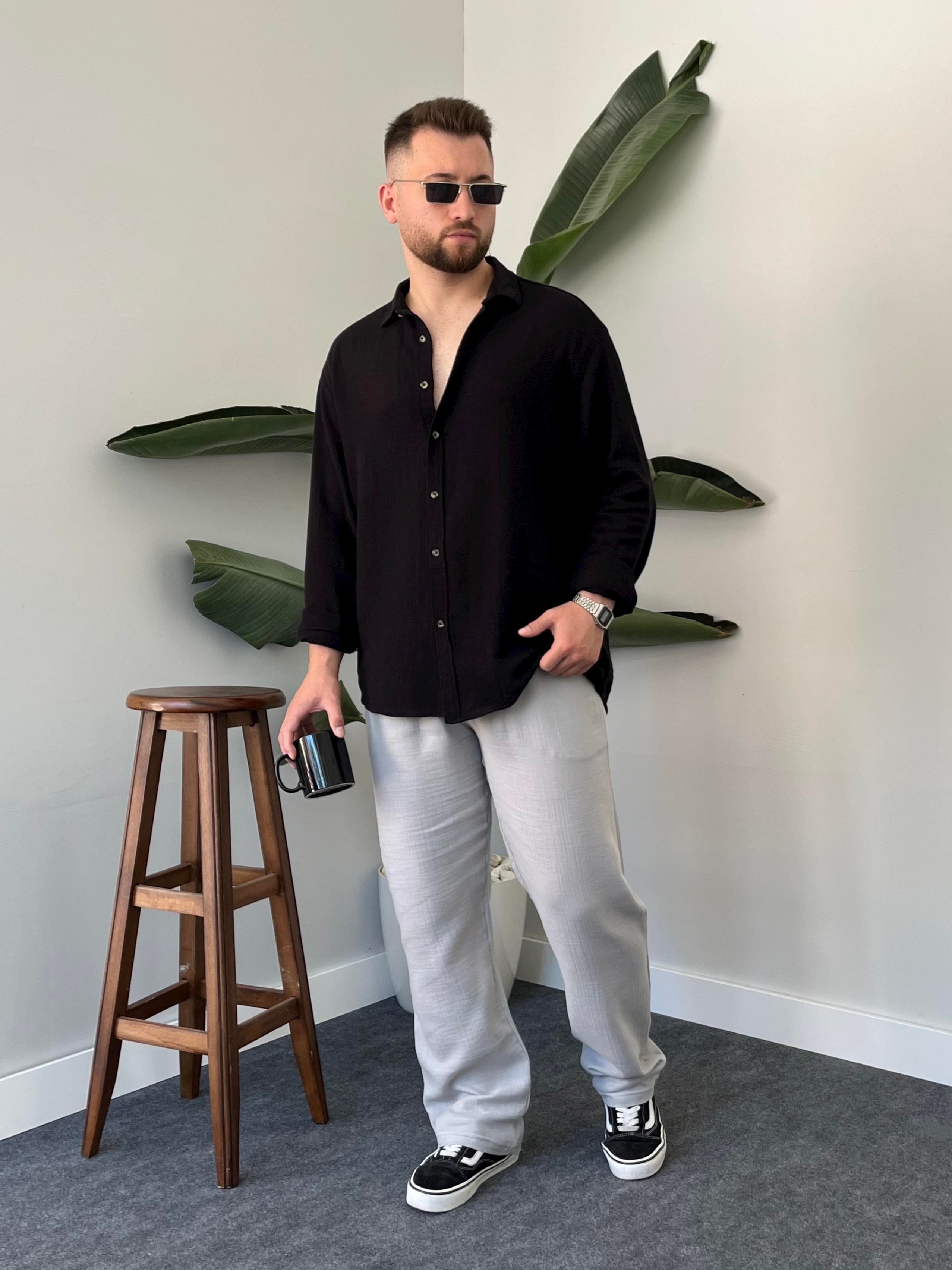 Siyah Etamin Keten Oversize Gömlek