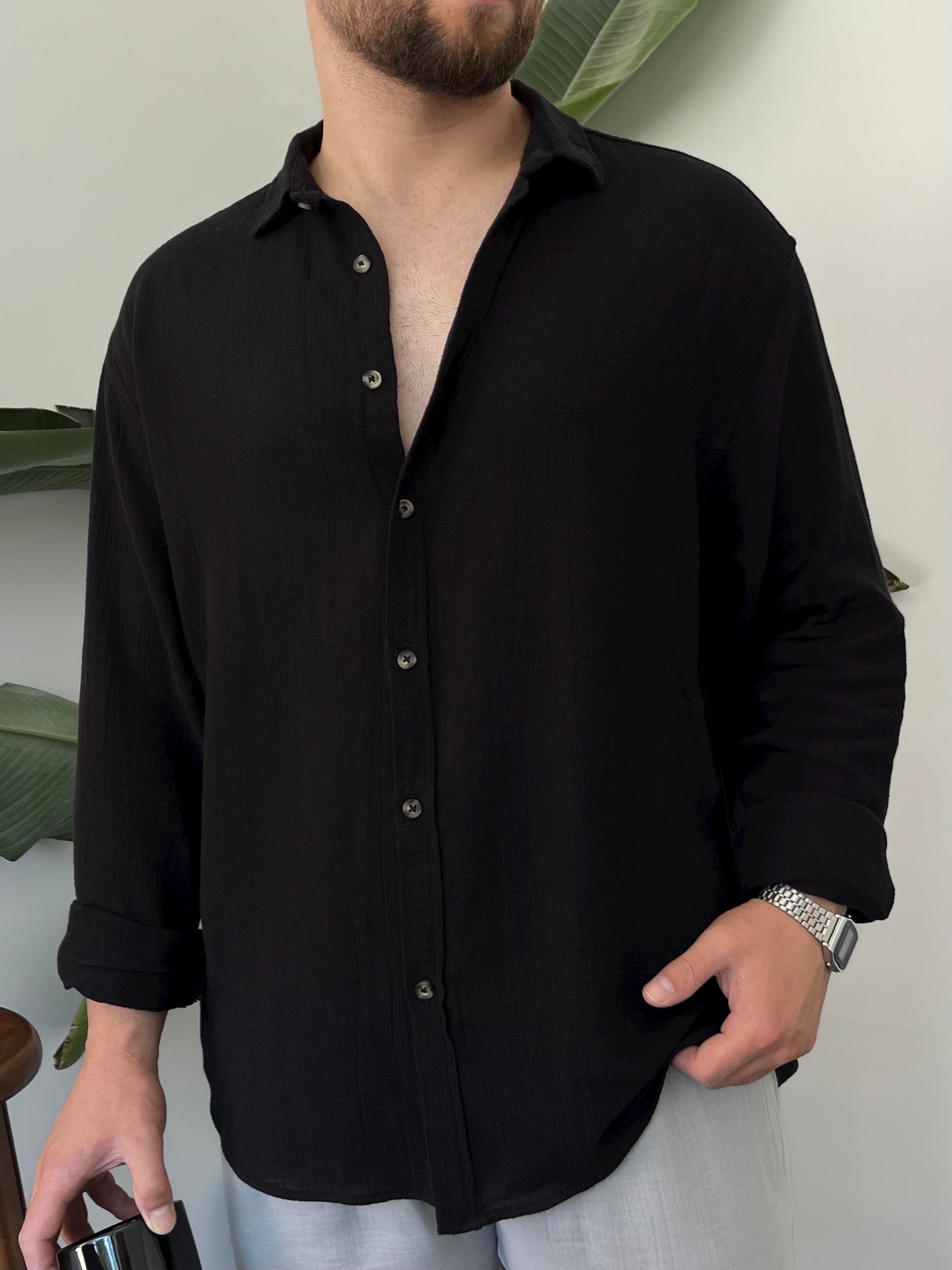 Siyah Etamin Keten Oversize Gömlek